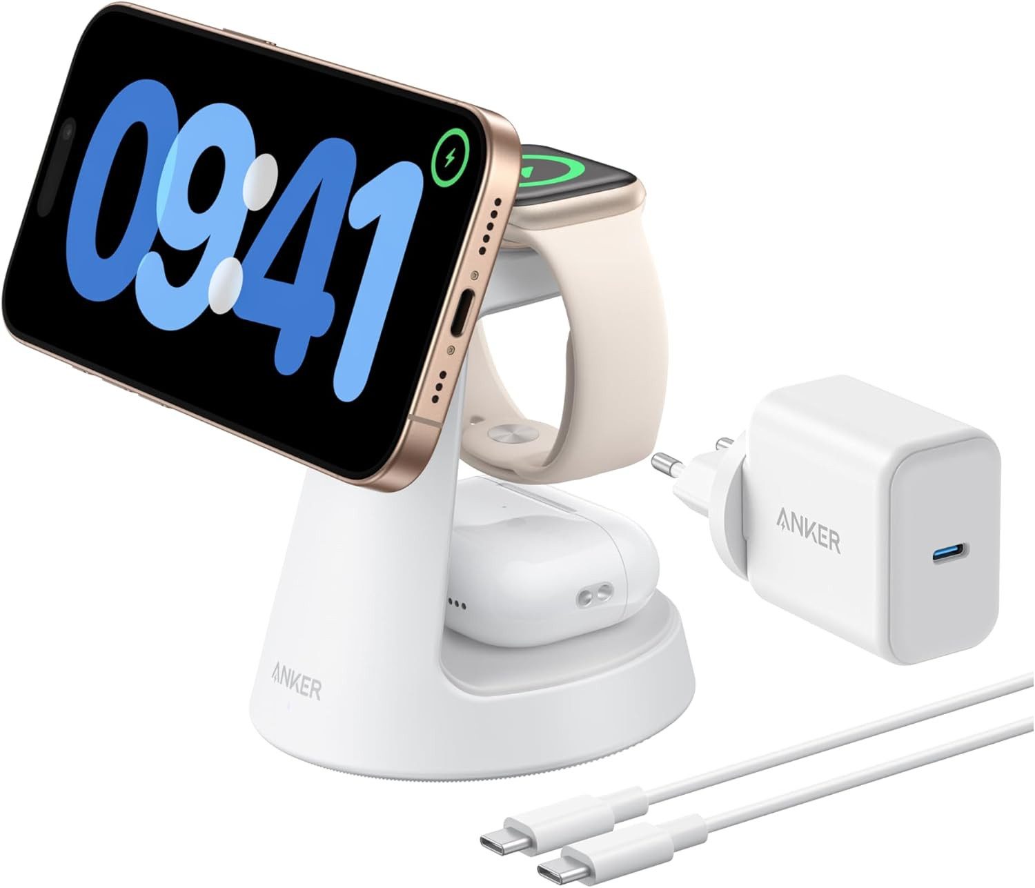 Anker Anker MagGo 3-in-1 Ladestation Qi2 15W MagSafe kompatibel Ladegerät Induktions-Ladegerät (Set, kabellose Ladestation, 40W USB-C Adapter, 1,5m USB C auf USB C Kabel, iPhone Induktive Ladestation, Wireless Charger für iPhone und mehr)