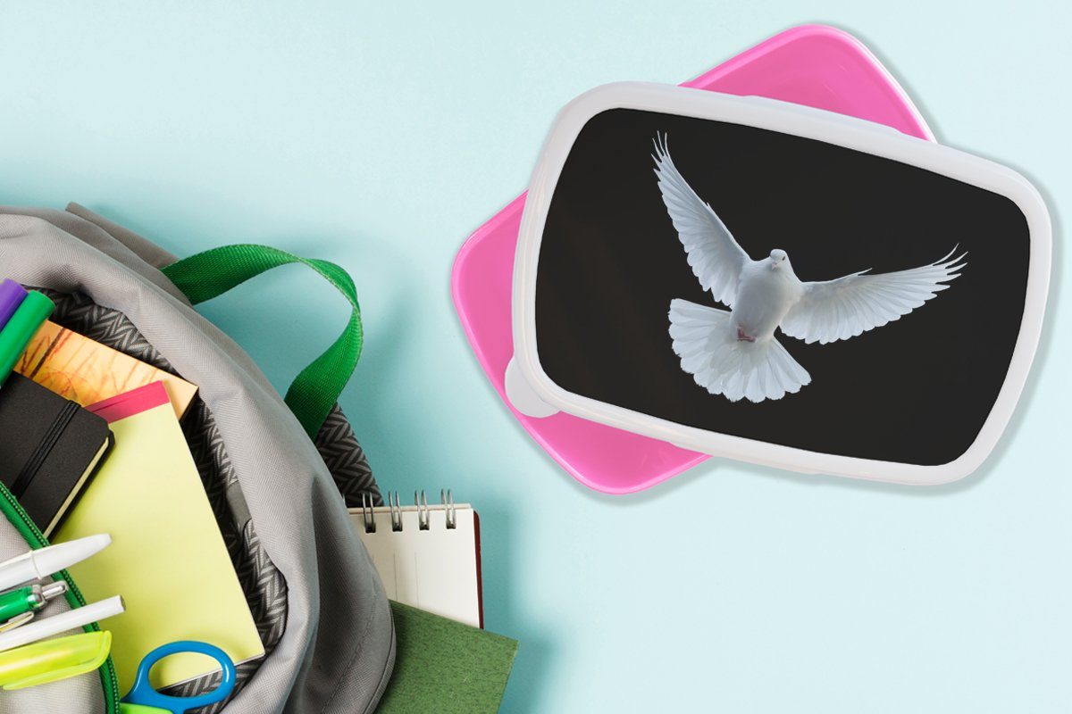 rosa Lunchbox Mädchen, MuchoWow Kinder, - Porträt, für Kunststoff, Brotbox - Taube Vogel (2-tlg), - Erwachsene, Brotdose Snackbox, - Weiß Schwarz Kunststoff
