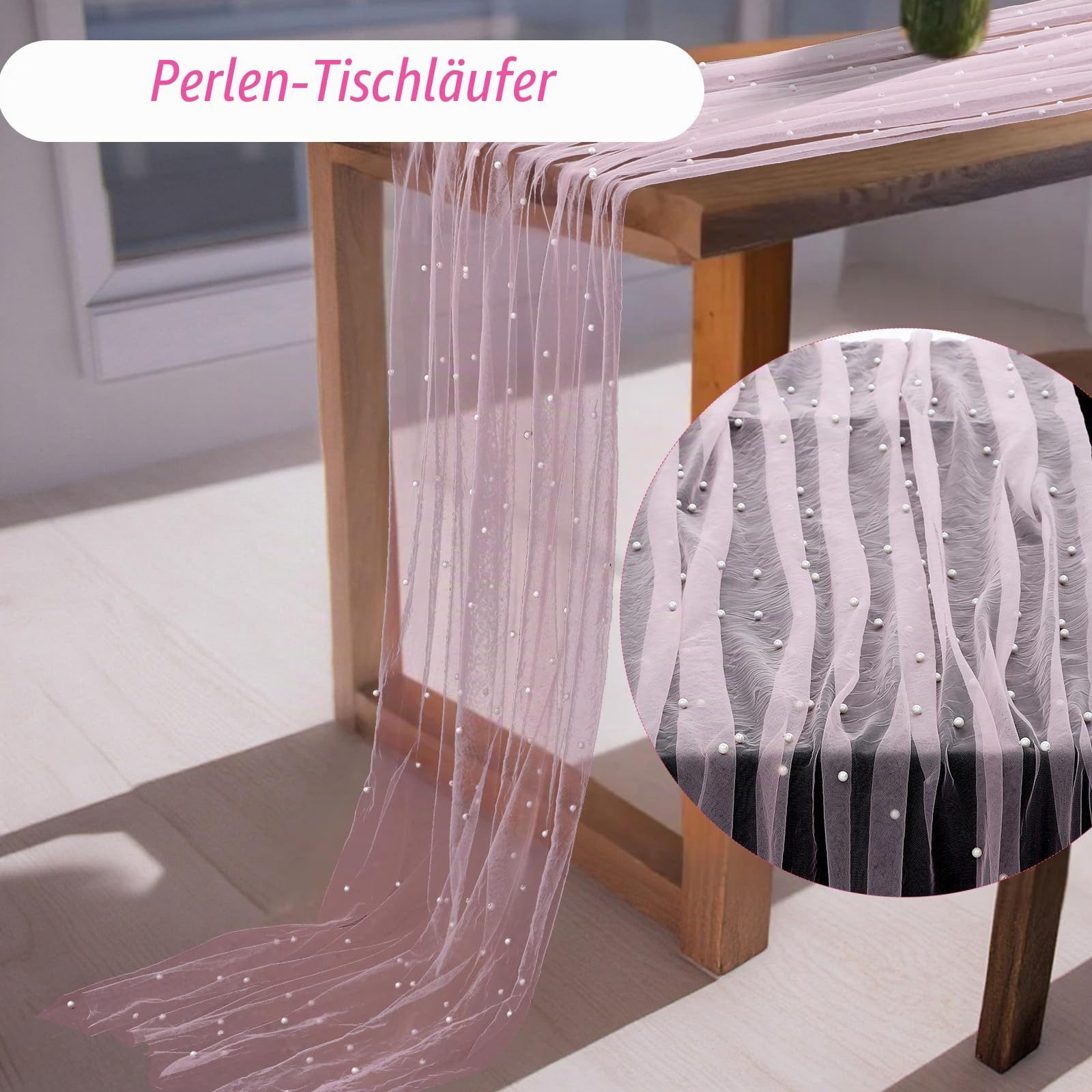 FOUORTUNATE-BEE Tischläufer Tischläufer aus Tüll mit Perlen 75 x 300 cm, Perlentüll Tischdecke (Tüllstoff Netz Tischband Tischdekoration für Hochzeit, Brautpart – Bild 2 von 5