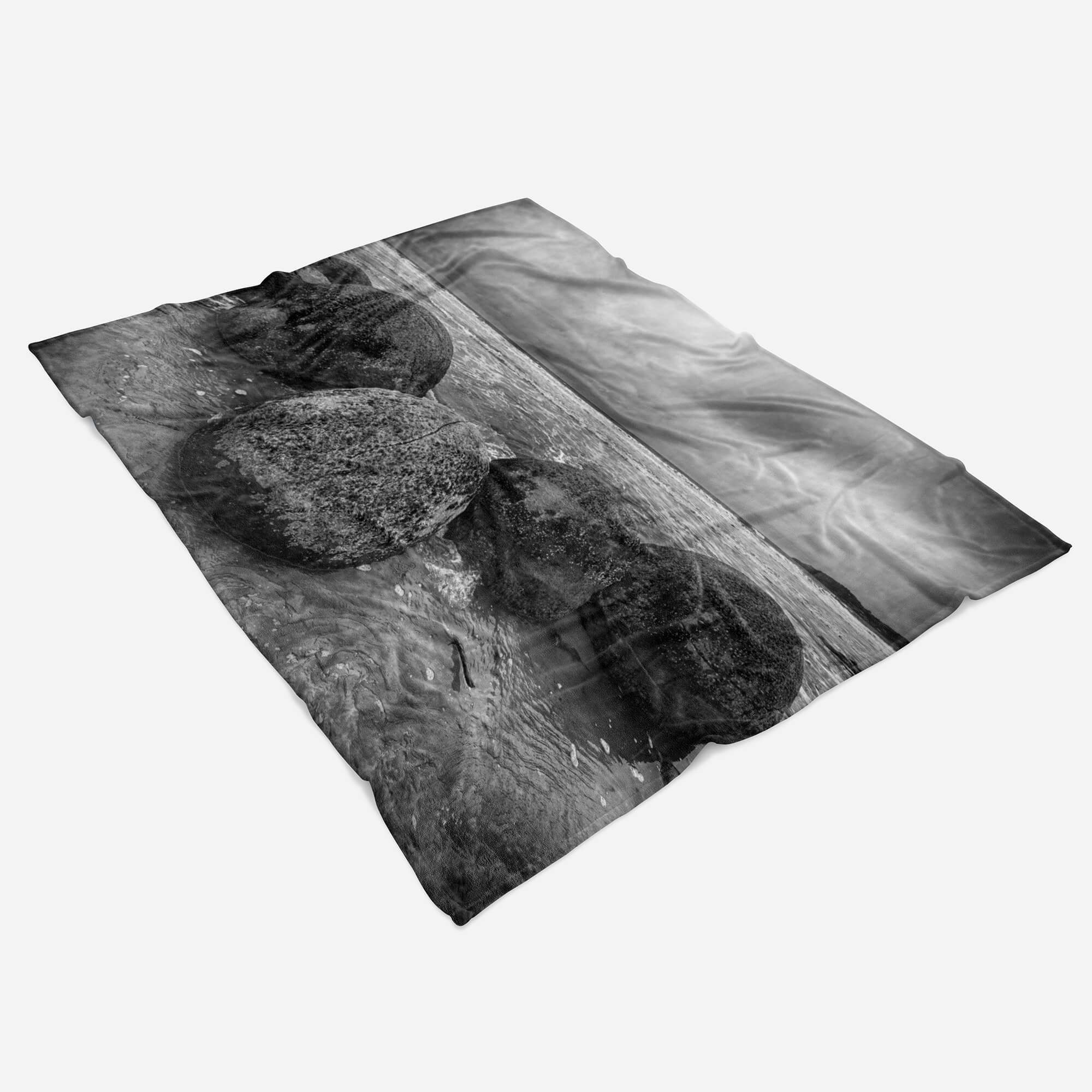 Sinus Art Handtücher Handtuch Strandhandtuch Baumwolle-Polyester-Mix Fotomotiv Kuscheldecke Handtuch mit Runde Meer, Saunatuch (1-St), Steine