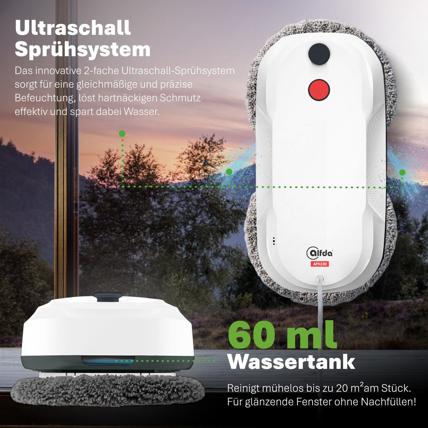 alfda Fensterputzroboter AFR230, mit 60ml Wassertank mit Sprühfunktion