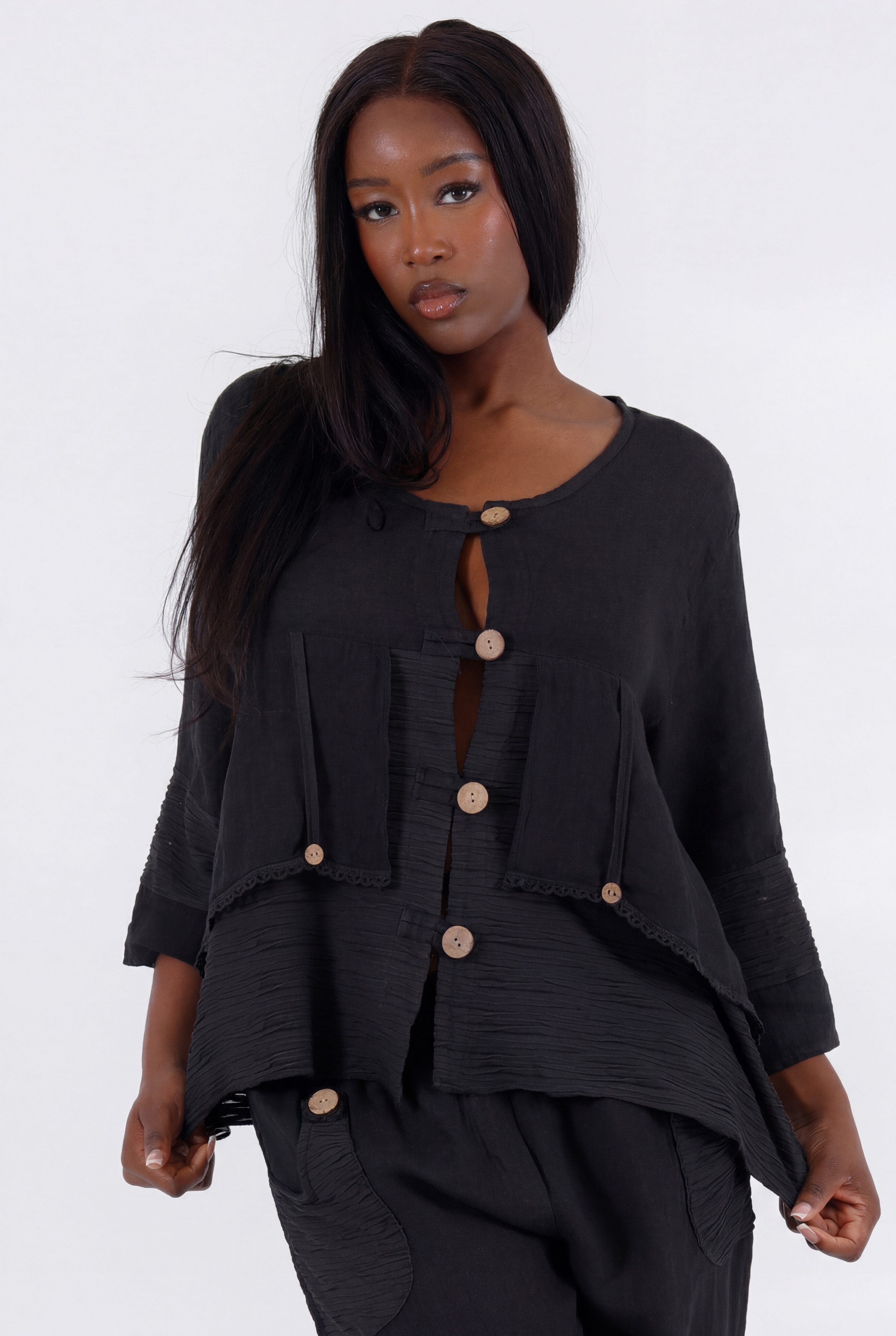 YC Fashion & Style Hosenanzug Boho Leinen-Zweiteiler aus 100 % Leinen mit Knopfdetails 2 teiliges Set