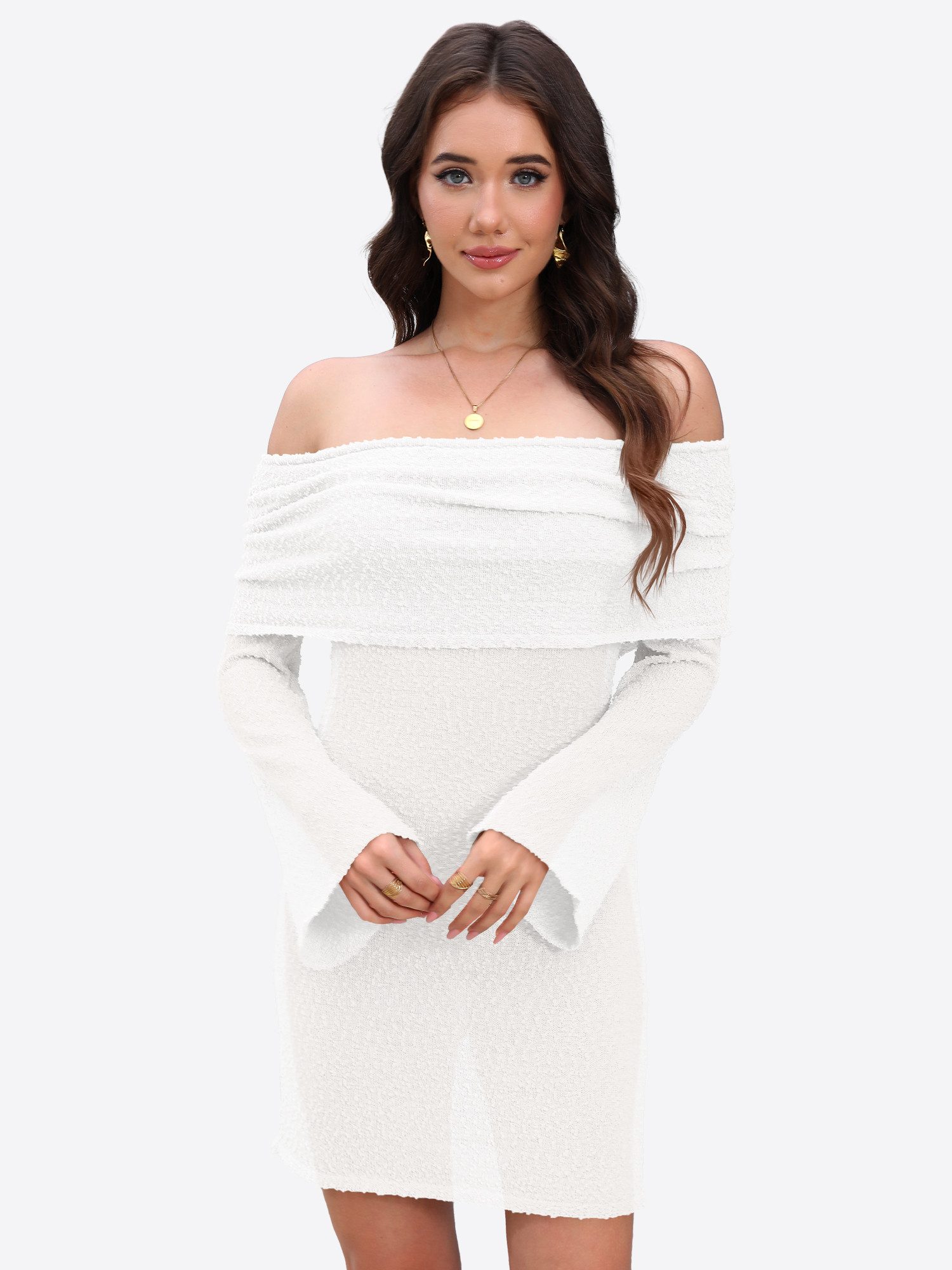 Imily Bela Strandkleid Damen Off-Shoulder Stricken Trompetenärmeln Minikleid Bikini Cover-up (Packung, 1-tlg., 1per-Pack) gehäkelt mit Glockenärmeln in Unifarbe