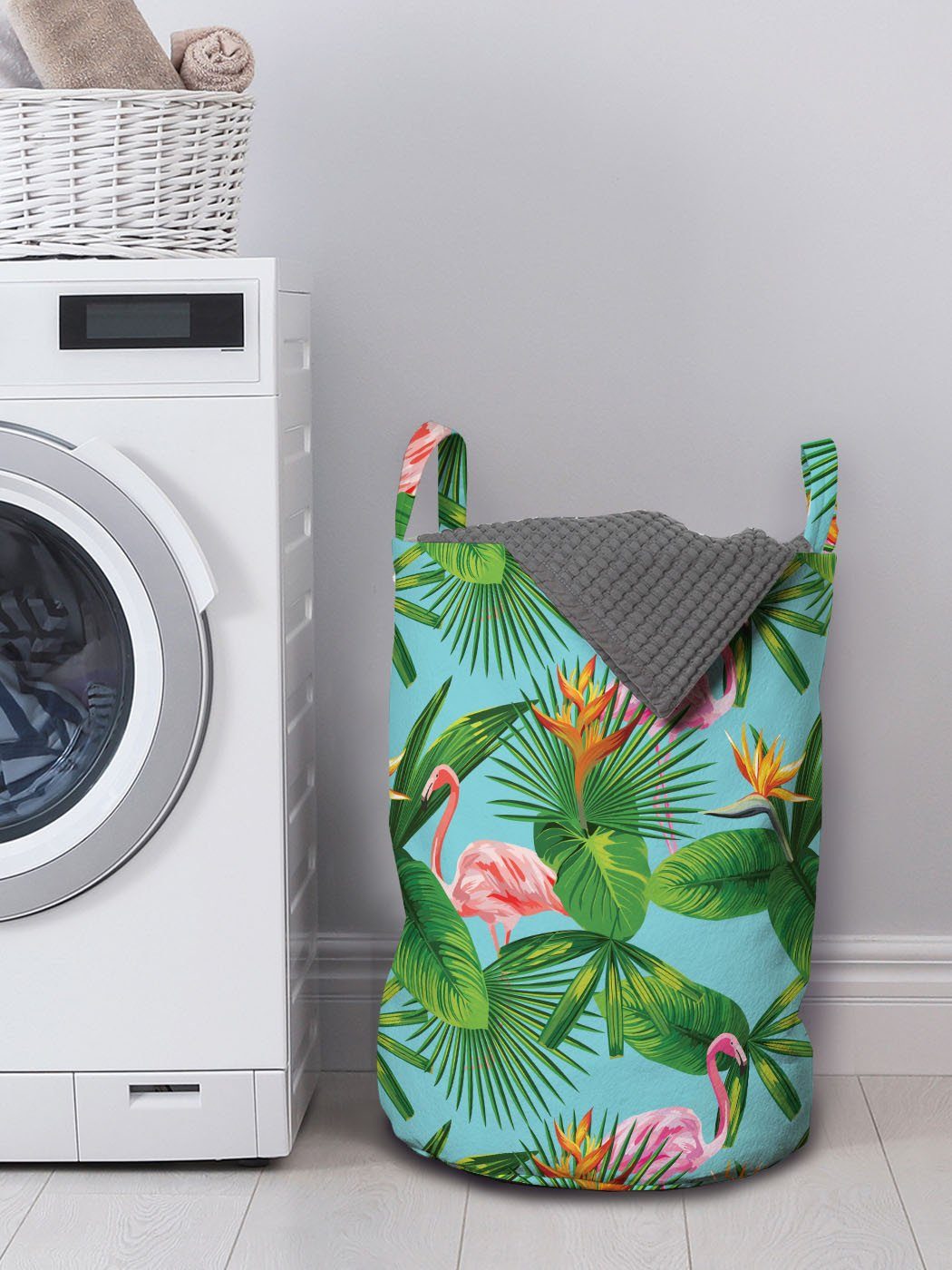 Waschsalons, für Tropisch mit Wäschesäckchen Wäschekorb Kordelzugverschluss Flamingos Blätter-Muster Abakuhaus Griffen