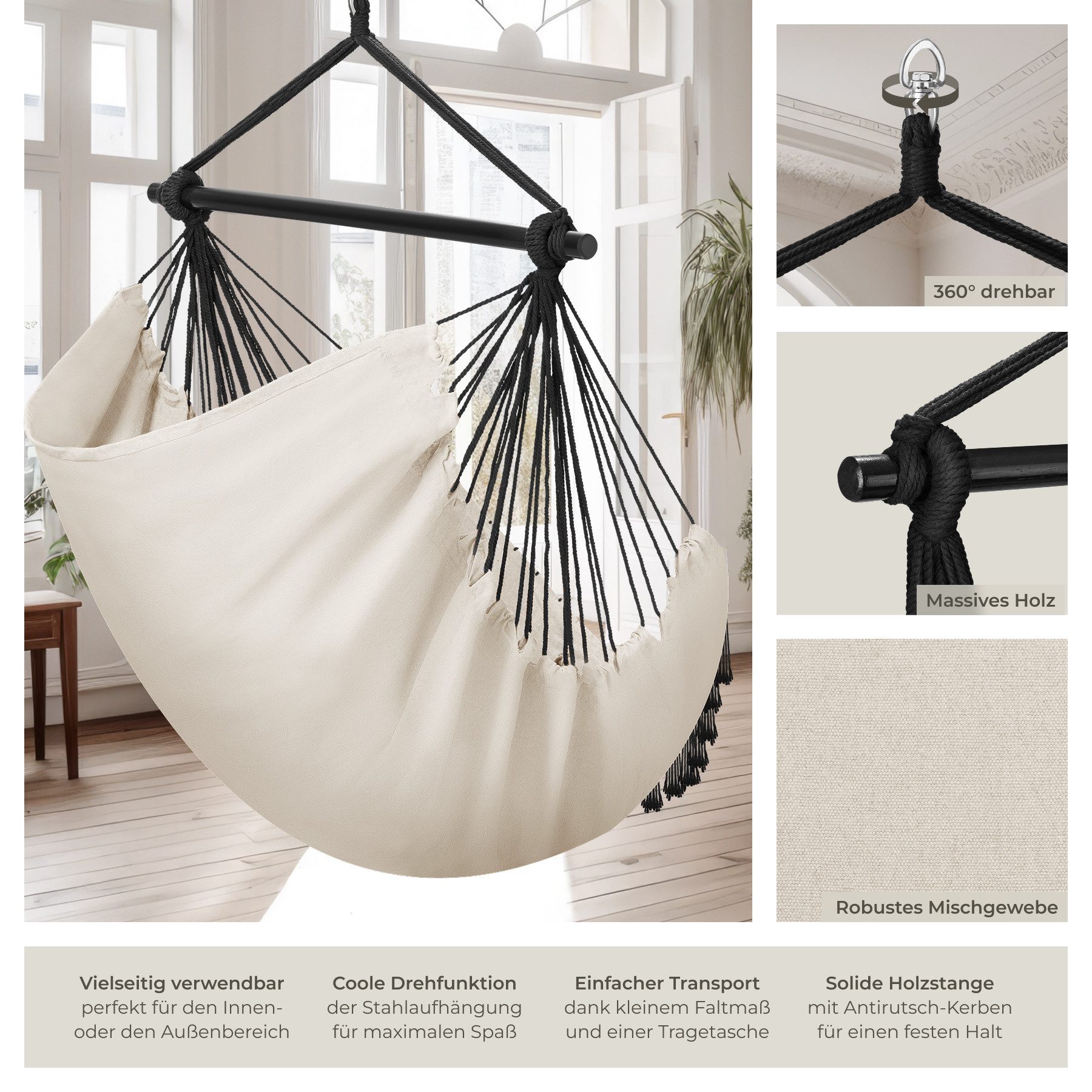 tectake Hängesessel Hängeschaukel, Belastbarkeit 150 kg, ca. 100 x 150 x 150 cm (Hängestuhl Malika, in Beige), dicke Kissen, mit Bücherfach & Flaschenhalterung, inkl. Tragetasche