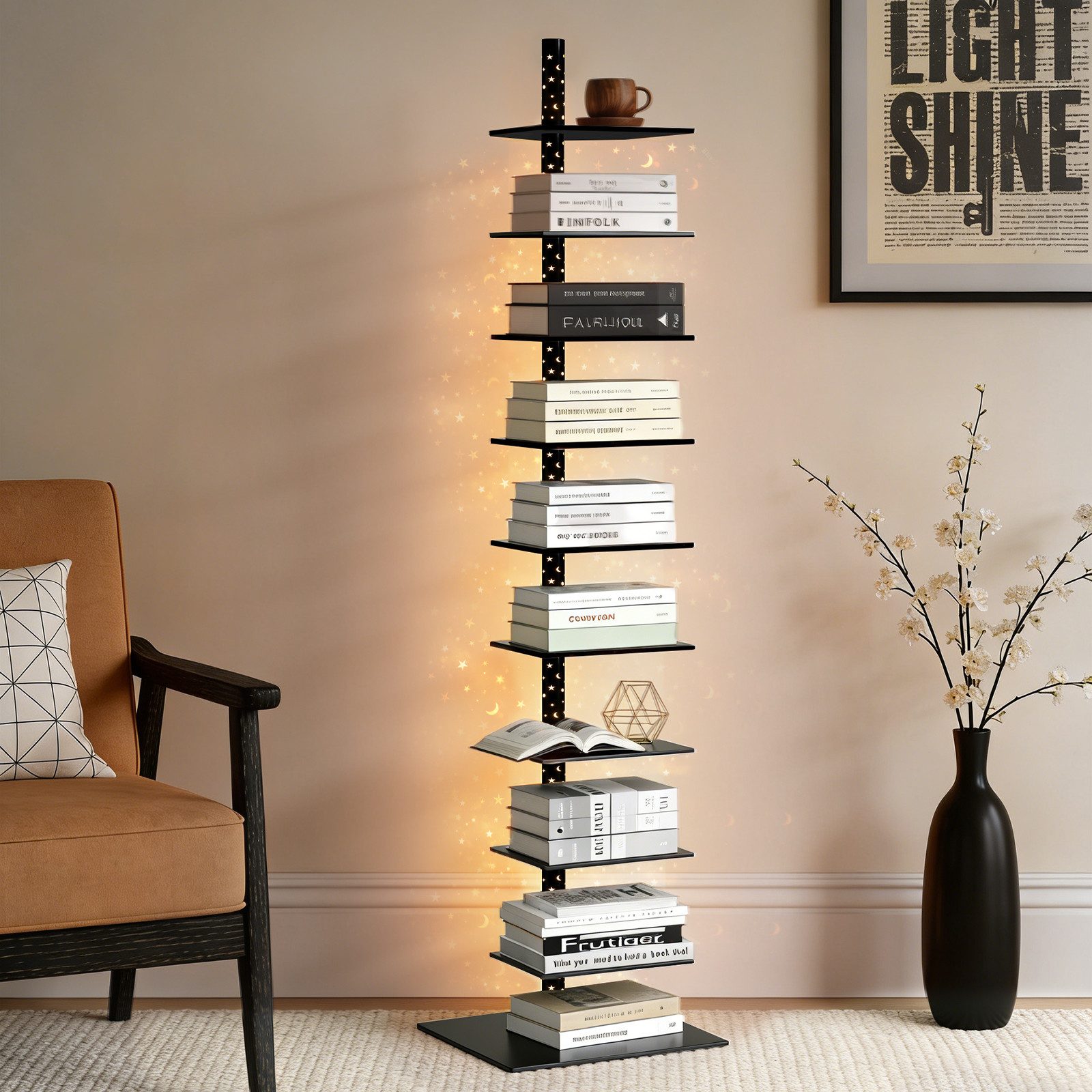 XIIW Bücherregal 1.8M LED STERNENLICHT Standregal CD DVD Kind Drehbar Regal Bücherturm, 9 Ablagen Vertikaler Bücherregal für Kinderzimmer, Wohnzimmer Schlafzimmer Freistehend Modern Design