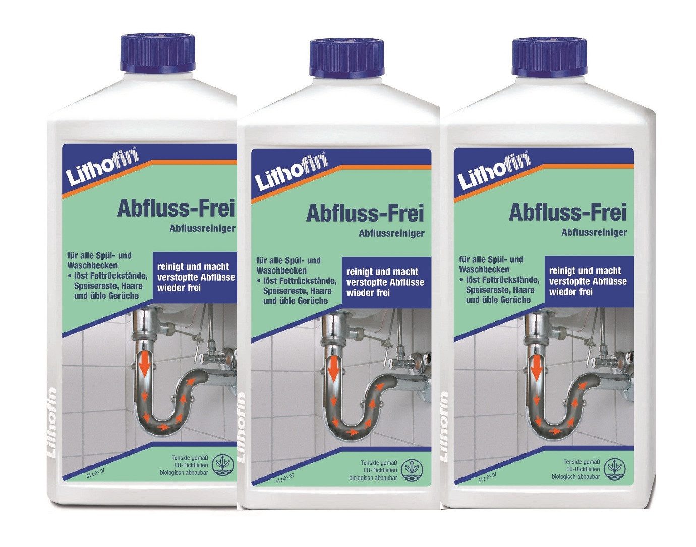 Lithofin Lithofin Abfluss-Frei Abflussreiniger 3 x 1 Liter Reinigungskonzentrat