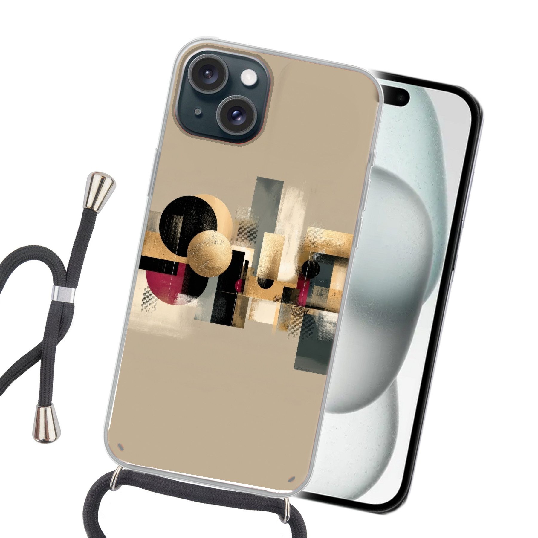MuchoWow Handyhülle für Apple iPhone 15 Abstrakt - Formen - Beige - Texturen, Tragbare Handyhüllen mit Kette zum umhängen, Handykette Handyband