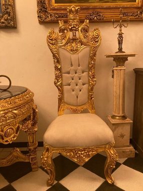 Casa Padrino Chefsessel Barock Thron Stuhl Creme / Gold - Handgefertigter Hochlehn Esszimmer Stuhl mit Samtstoff und Glitzersteinen - Barock Esszimmer Möbel