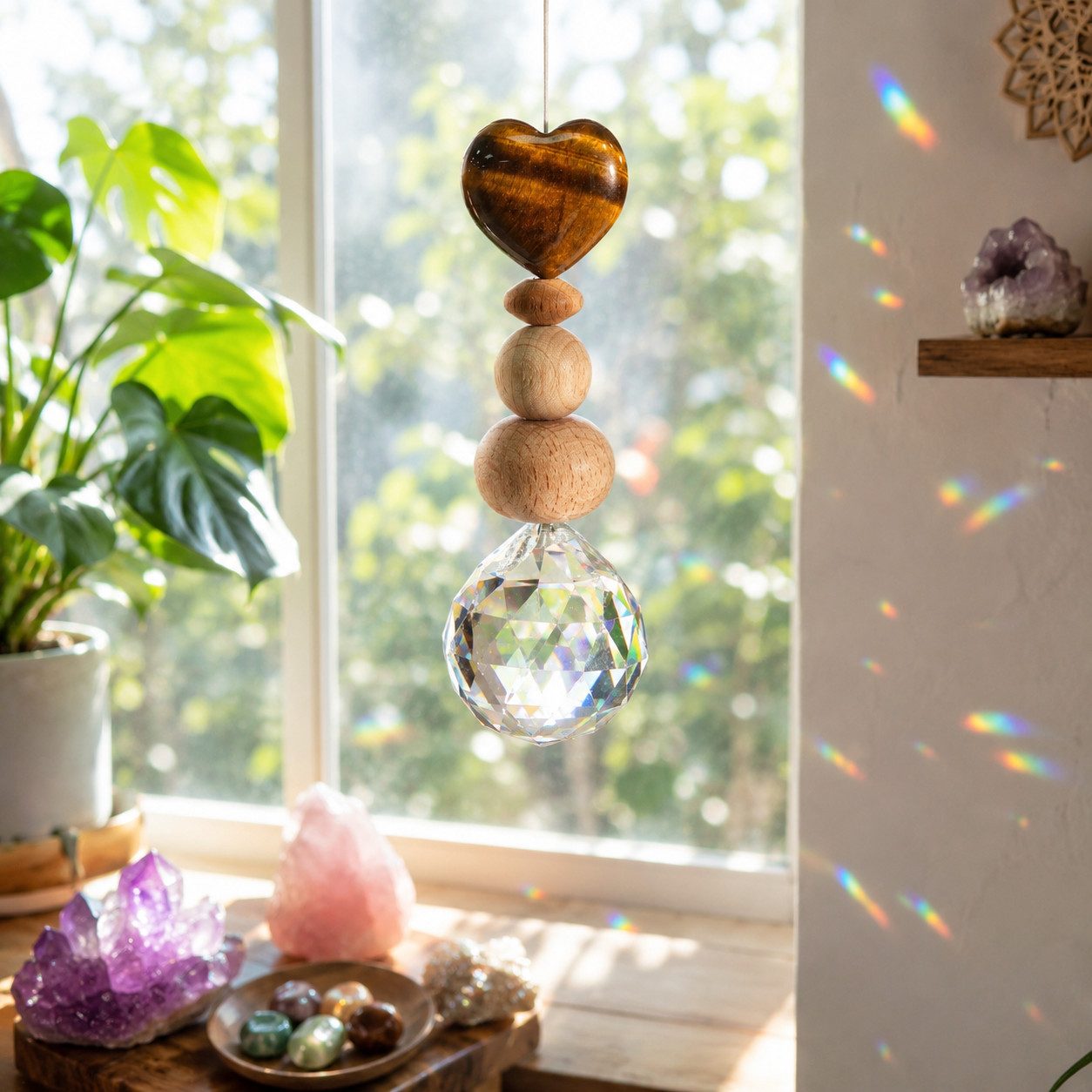 Karmandala Fensterdekoration Kristall Sonnenfänger mit Edelstein Windspiel Regenbogen Lichtfänger, echte Tigerauge-Natursteine für Mut, Selbstvertrauen und inne – Bild 5 von 5