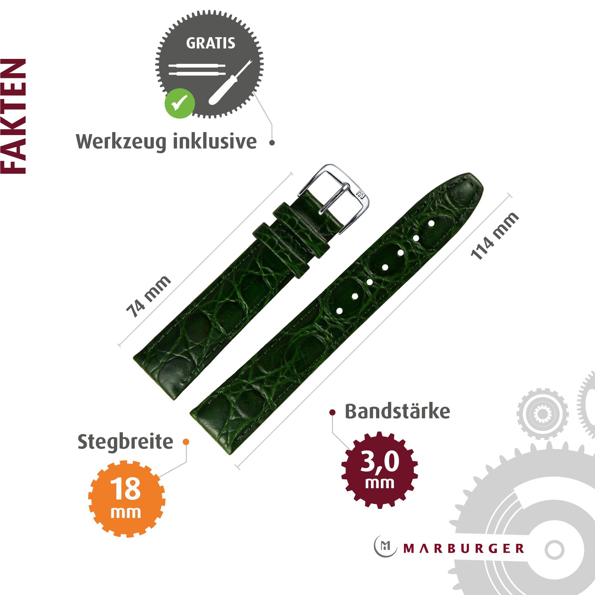 MARBURGER Uhrenarmband 18mm Leder Kroko (Caiman) Prägung