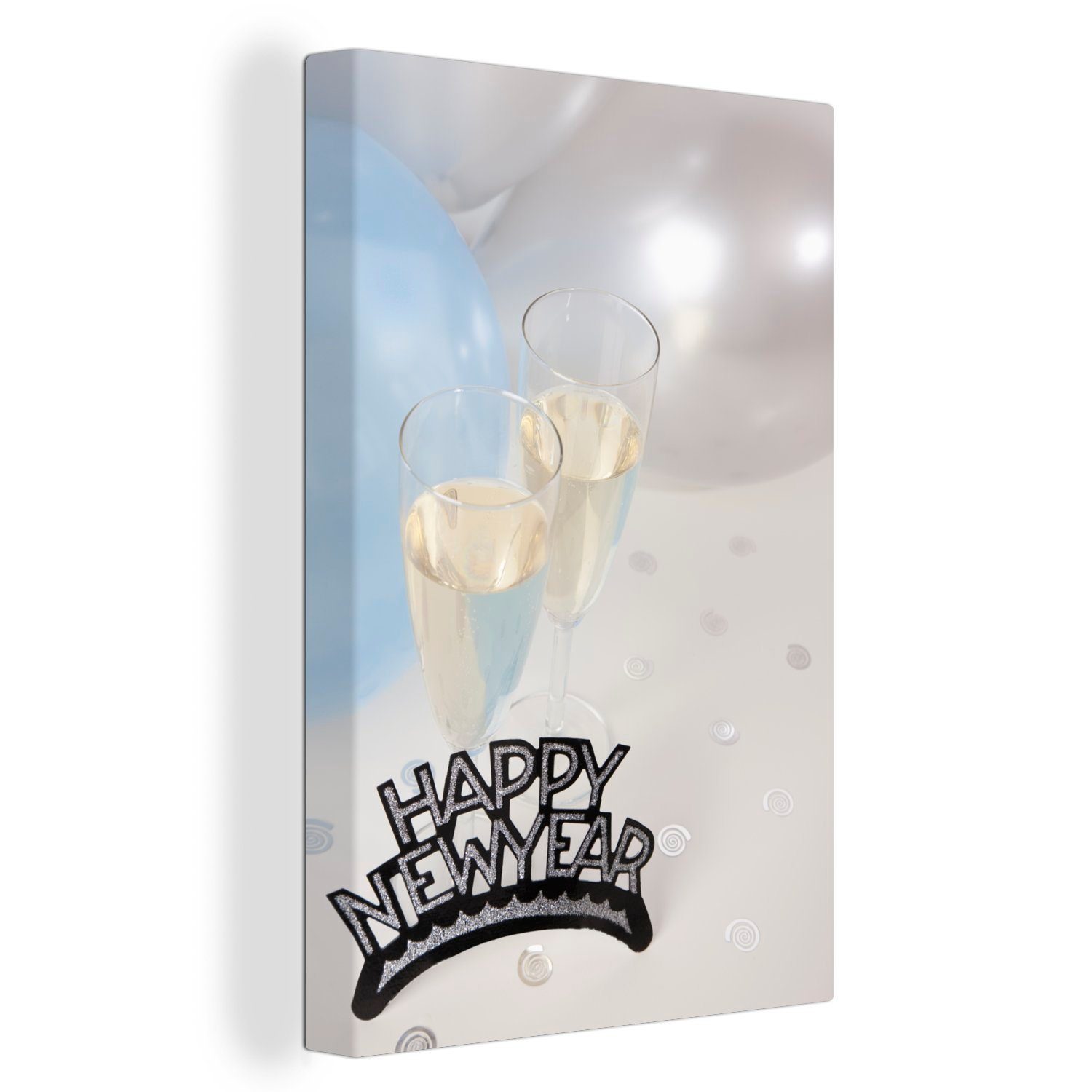 OneMillionCanvasses® Leinwandbild Frohes neues Jahr mit Sekt und Luftballons, (1 St), Leinwandbild fertig bespannt inkl. Zackenaufhänger, Gemälde, 20x30 cm