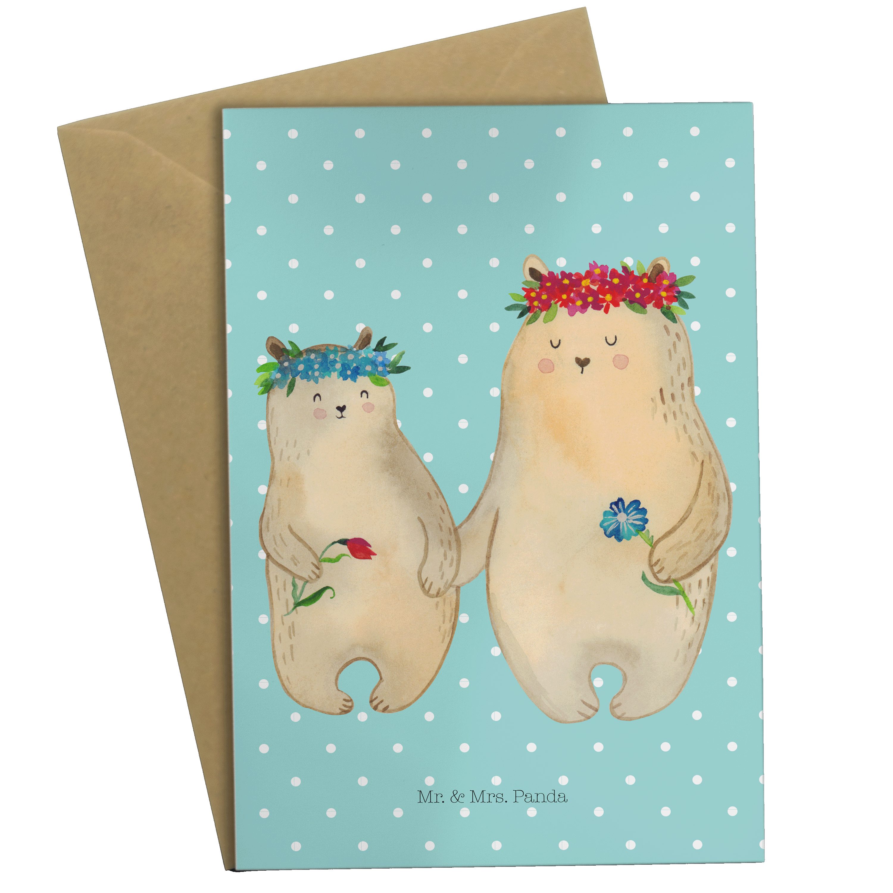 Mr. & Mrs. Panda Grußkarte Bären mit Blumenkranz - Türkis Pastell - Geschenk, Karte, Glückwunsch | Grußkarten