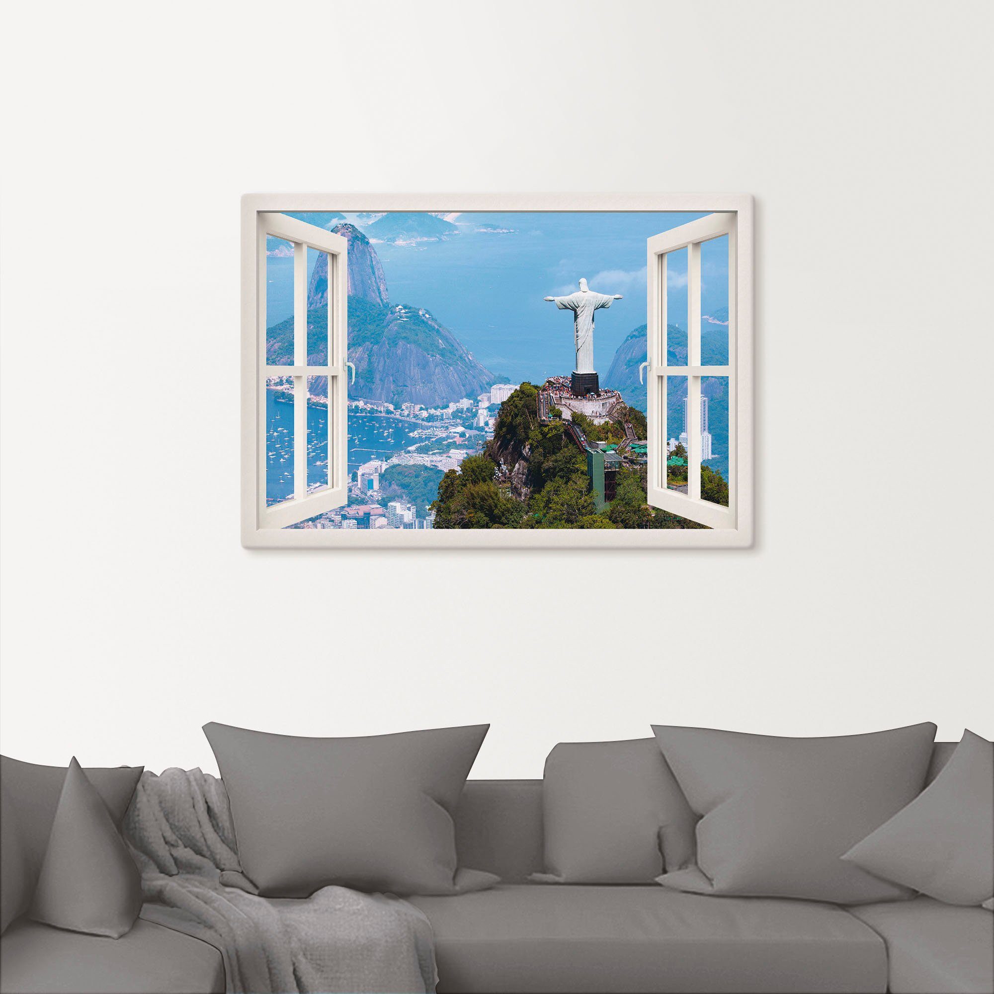 Größen mit versch. Fensterblick oder Rio Leinwandbild, Cristo, de Janeiro Wandbild Poster Alubild, St), als (1 Artland Gebäude Wandaufkleber in