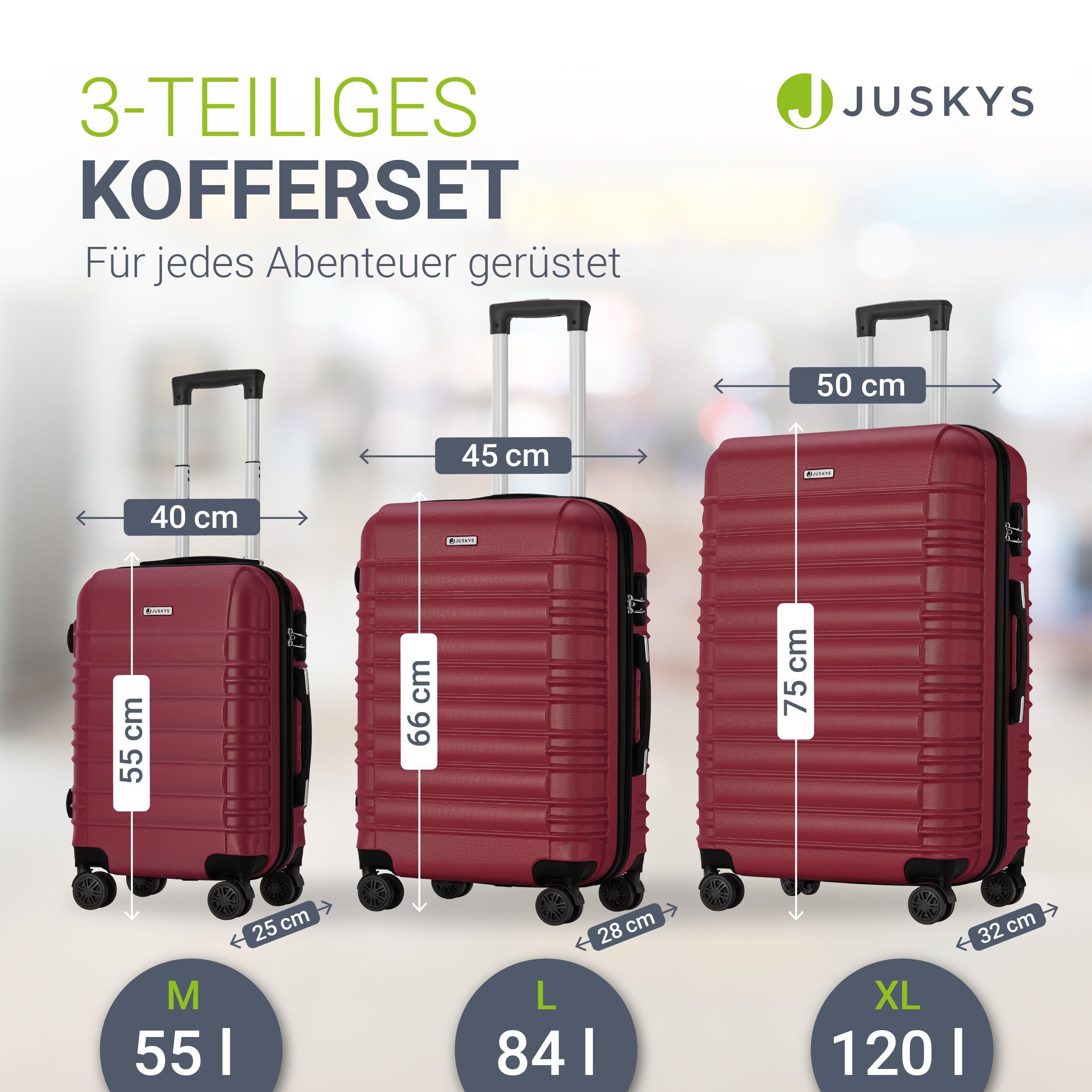 Juskys Trolleyset Rom, 4 Rollen, (3 tlg., 3-teilig), Aluminium, Rollen, Innenfutter, Ergonomische Griffe, 3er Set