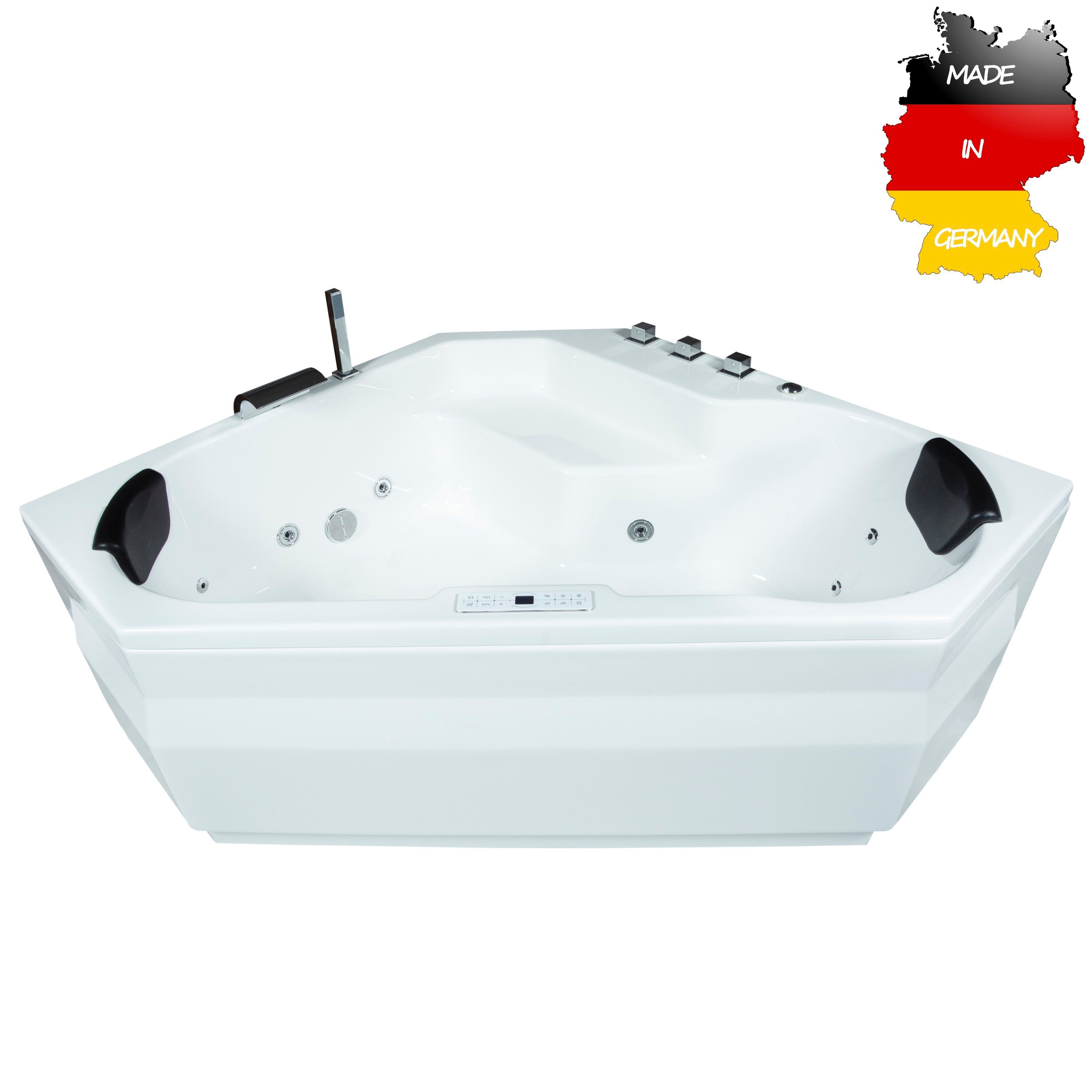 Basera® Whirlpool-Badewanne CLASSIC Indoor Eck-Whirlpool Badewanne Capri 145 x 145 cm, (Komplett-Set), mit 24 Massagedüsen, Wasserfall, LED, Touchpanel, Bluetooth und Radio