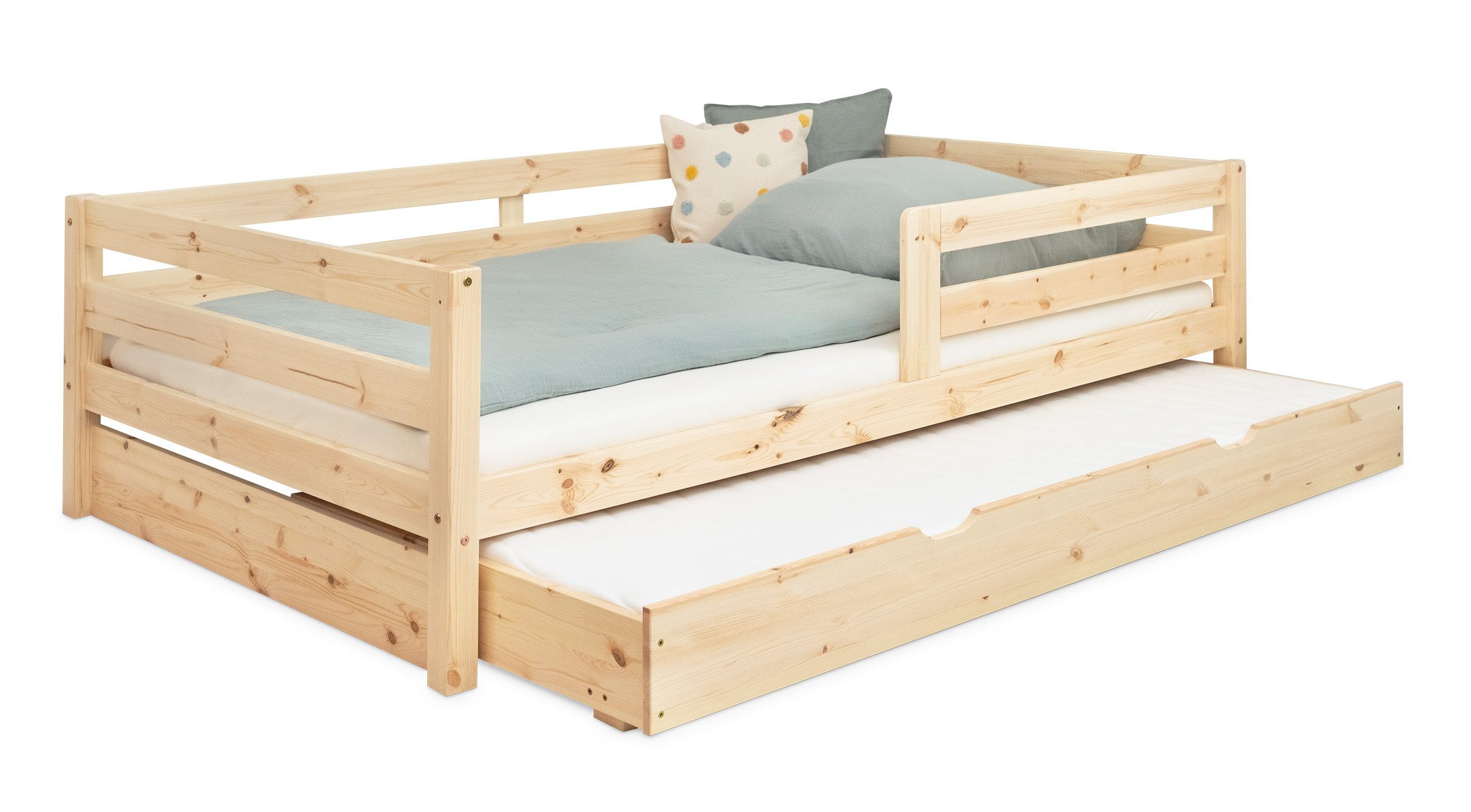Ehrenkind Kinderbett Sona aus massivem Kiefernholz mit Rausfallschutz (Jugendbett in Natur, Kinder Bett), Kinderbett 90x200 cm