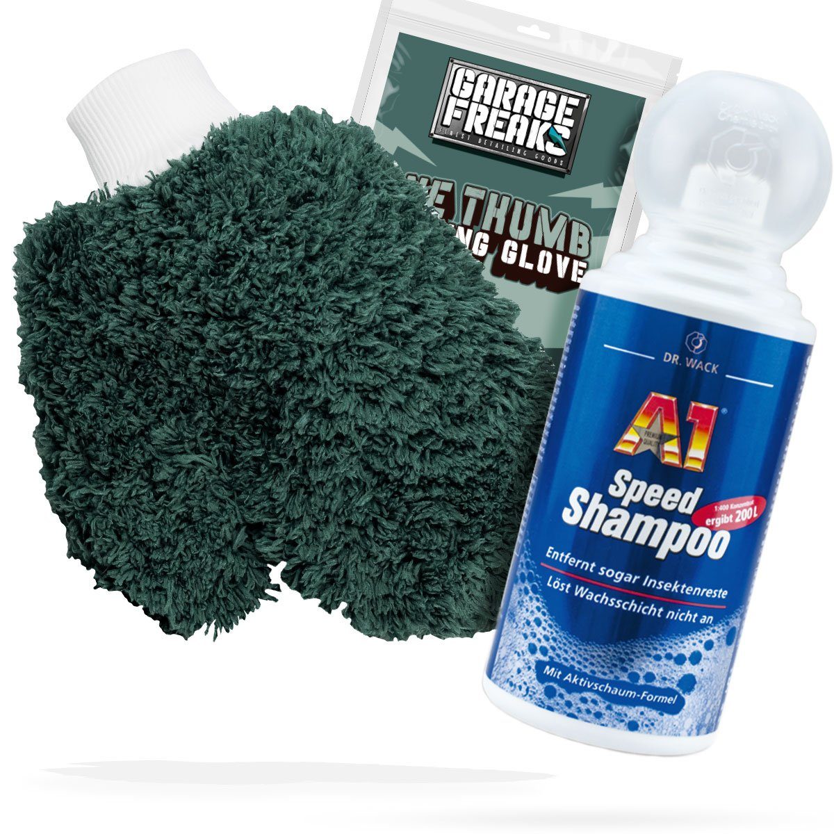 detailmate Auto Waschhandschuh Waschset Garage Freaks + Autoshampoo Dr. Wack A1 Auto-Reinigungsmittel (Autowäsche - Reinigungs Set - Mikrofaser - Auto Reinigung)
