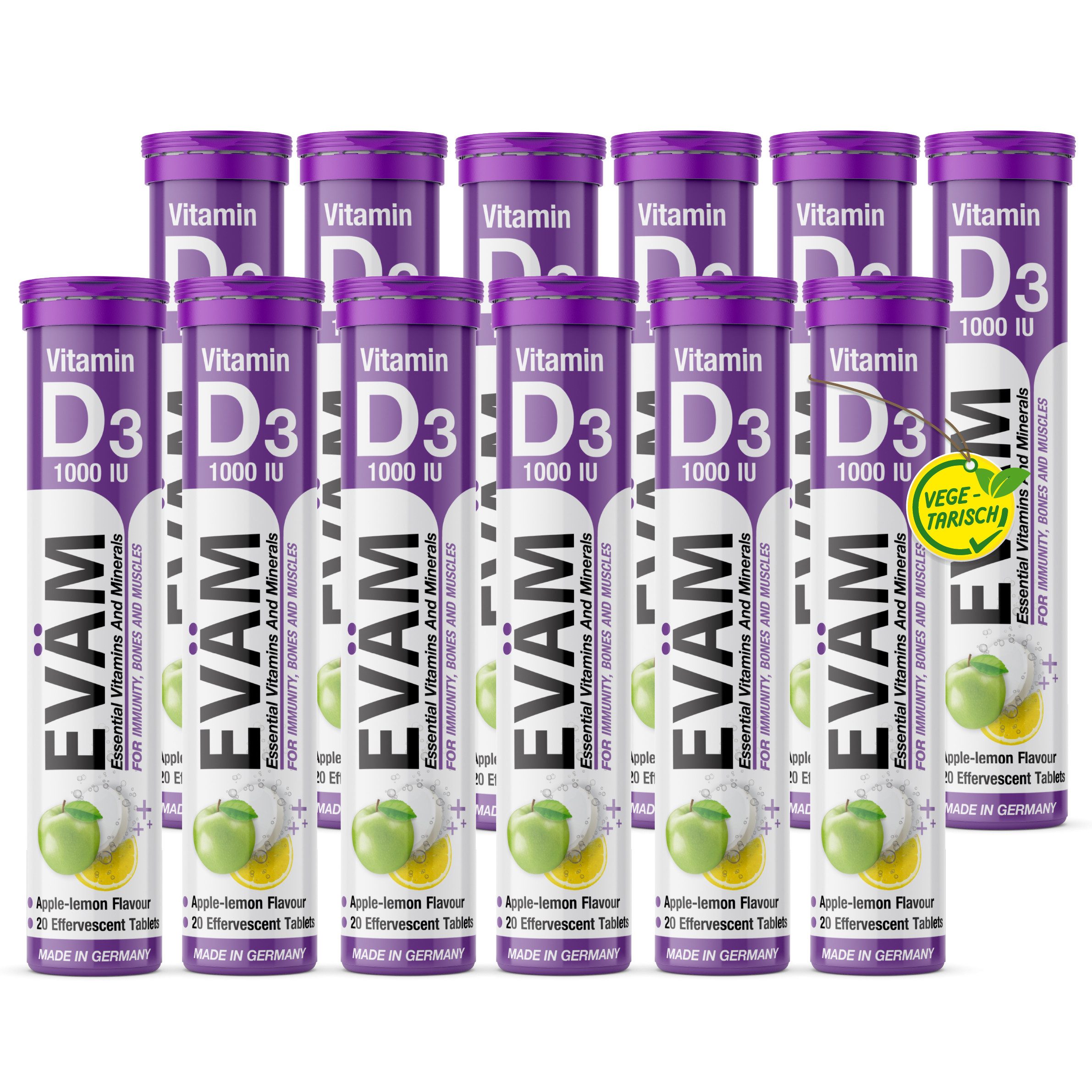 EVÄM EVÄM Vitamin D3 Brausetabletten Geschmack Apfel Brausetabletten, Set aus Röhrchen à 20,00 St., 984 g 48000 ml, Inhalt in ml ist die Gesamtmenge aufgelöst nach Dosierungsempfehlung