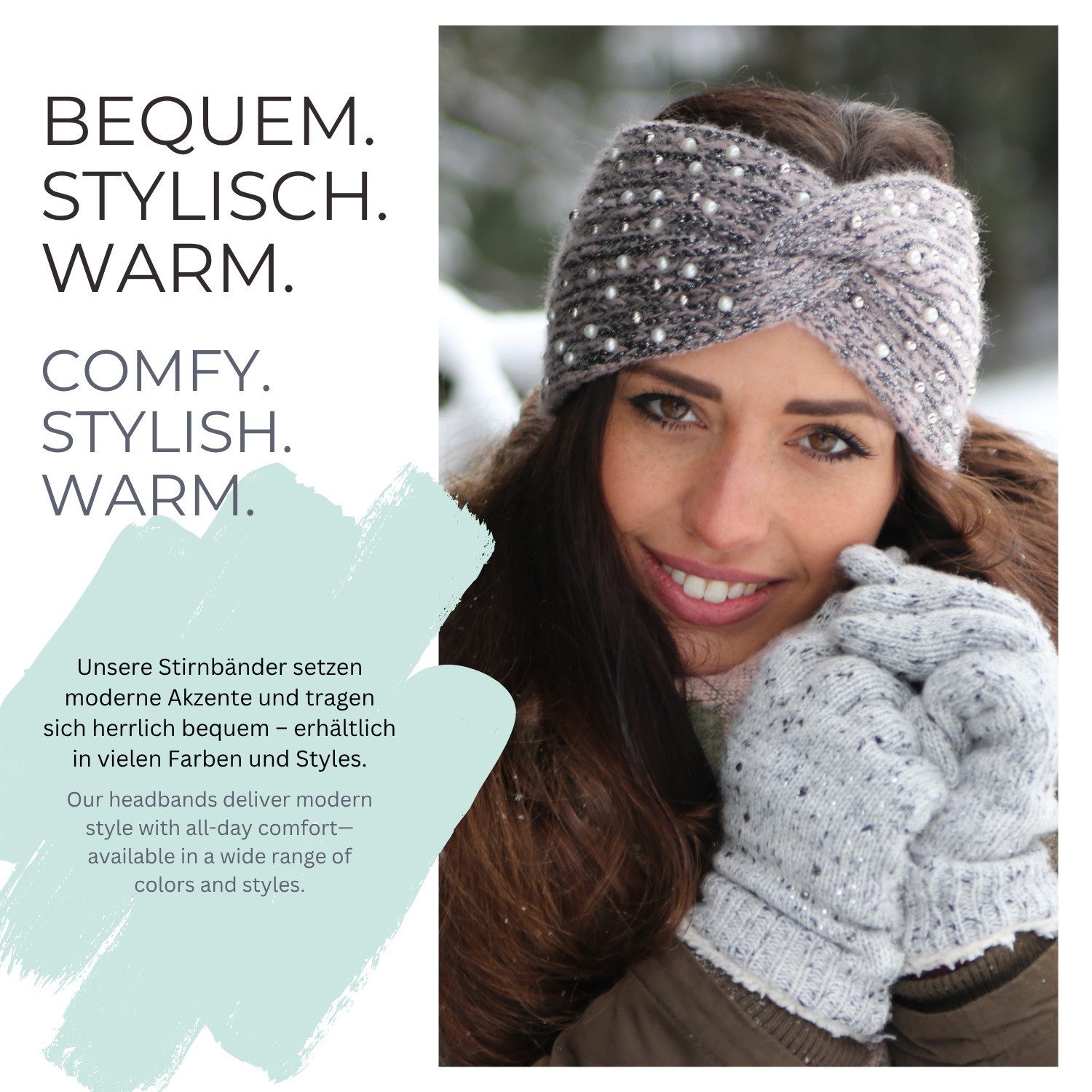 styleBREAKER Stirnband Strick Stirnband Perlen Metallic Faden und Knoten Detail (1-St)