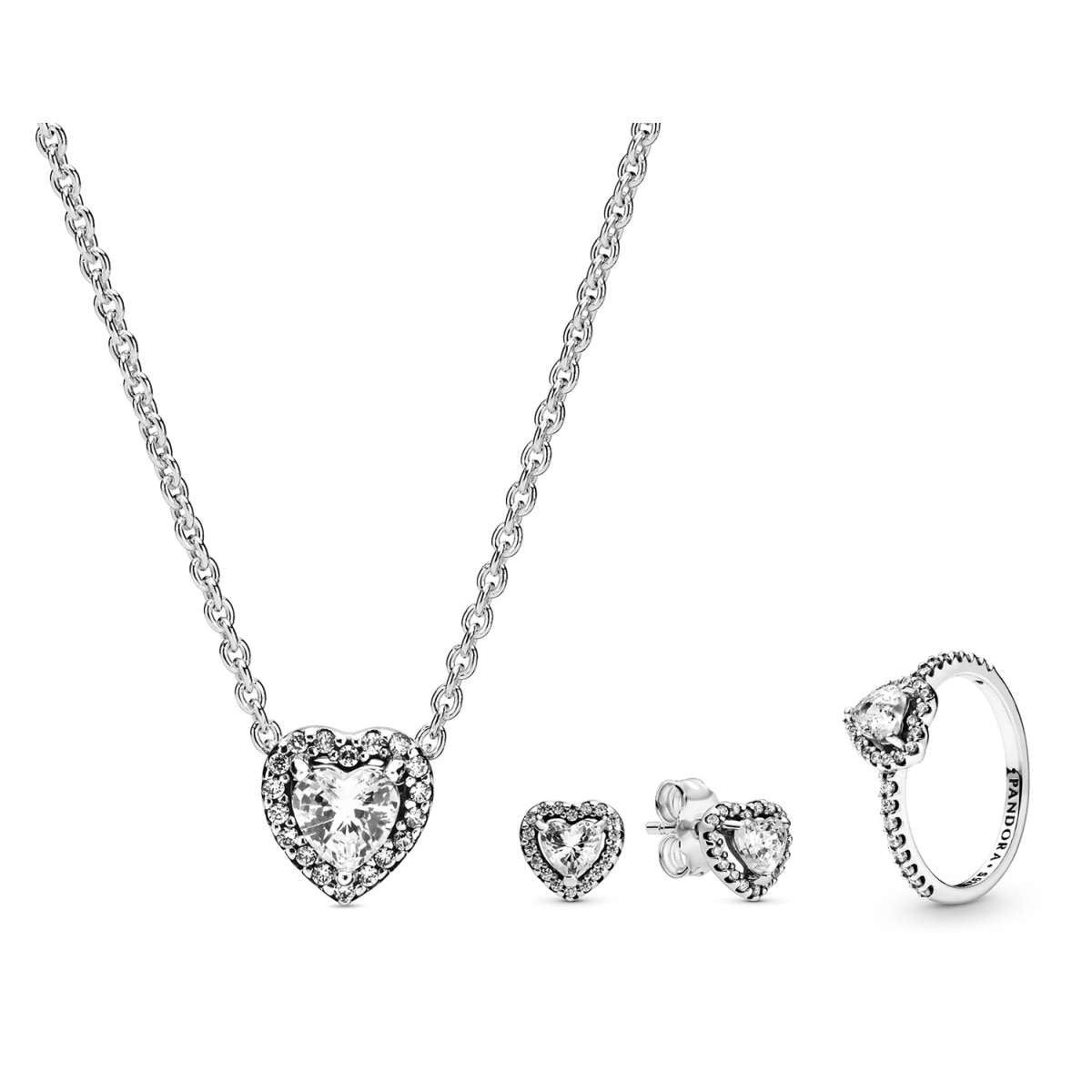 Pandora Herzkette 68333, für Damen Schmuck-Set Kette, Ohrringe und Ring Herz