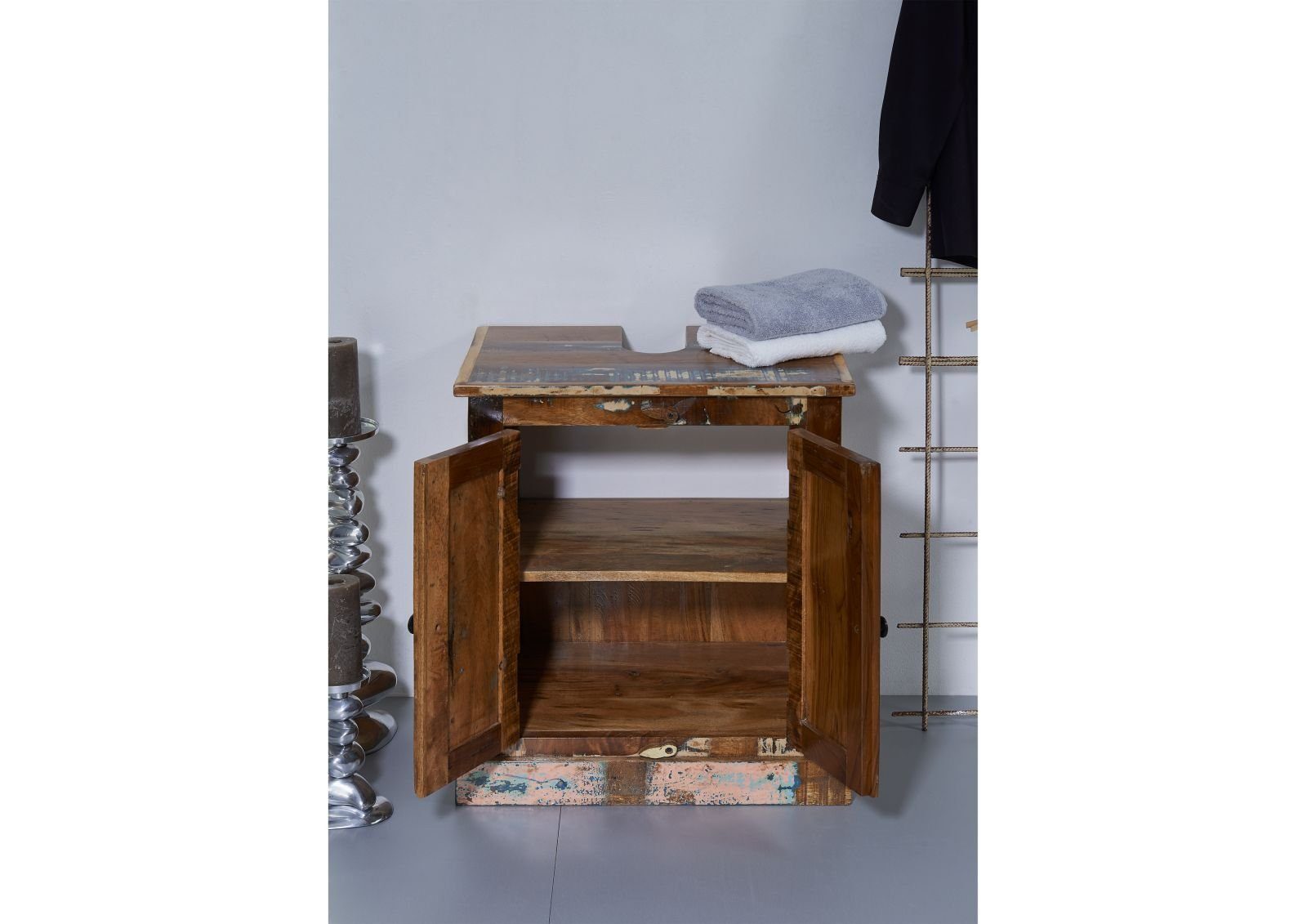 Massivmoebel24 Waschbeckenunterschrank NATURE OF SPIRIT (Altholz 66x43x60 mehrfarbig NATURE OF SPIRIT BAD #101) Altholz 66x43x60 mehrfarbig NATURE OF SPIRIT BAD #101