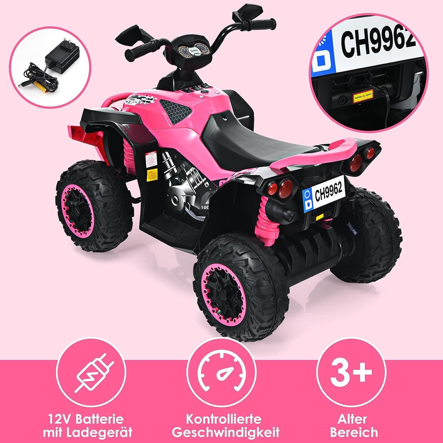 KOMFOTTEU Elektro-Kinderquad Kinderfahrzeug Elektroauto, mit LED-Scheinwerfern, Musik & Hupe