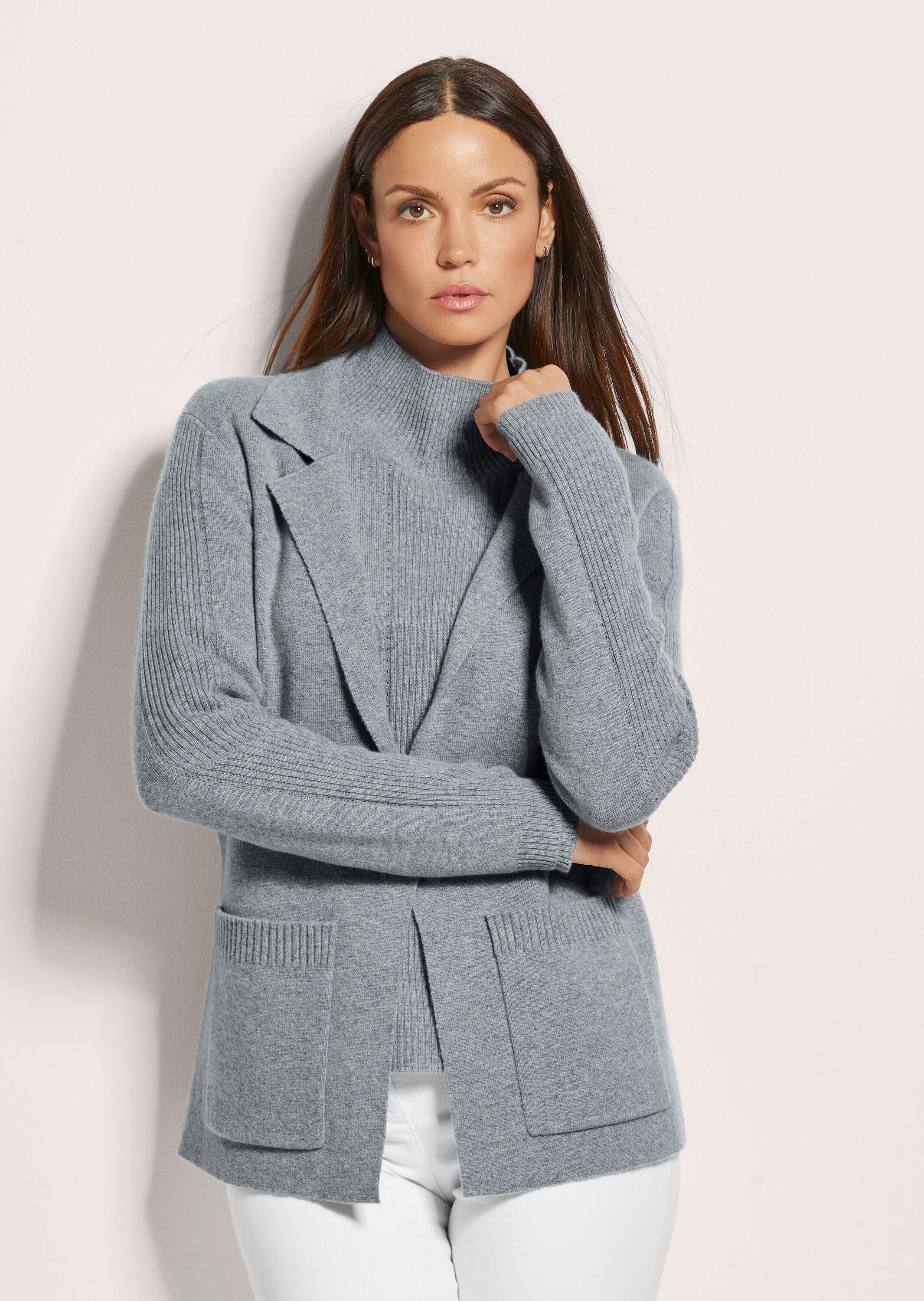 MADELEINE Strickjacke Strickjacke aus Merinowolle und Kaschmir Blazer mit Reverskragen, Pointelle-Muster, 1-Knopf-Verschluss