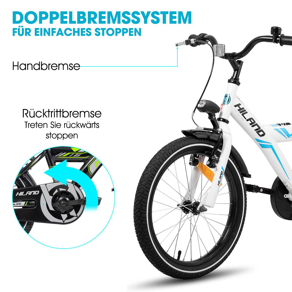 HILAND Kinderfahrrad Sentry 16/18 Zoll Jungen Kinderfahrrad für Kinder ab 4 bis 9 Jahren, 1 Gang, mit Rücksitz/Gepäckträger Stützräder Handbremse