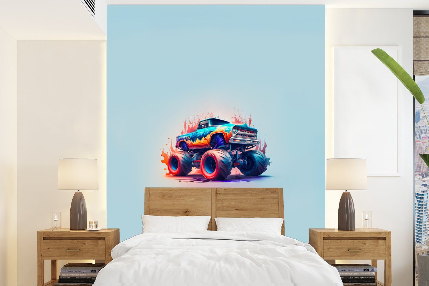 MuchoWow Fototapete Monstertruck - Flammen - Blau - Farbe - Design, Matt, bedruckt, (4 St), Montagefertig Vinyl Tapete für Wohnzimmer, Wandtapete