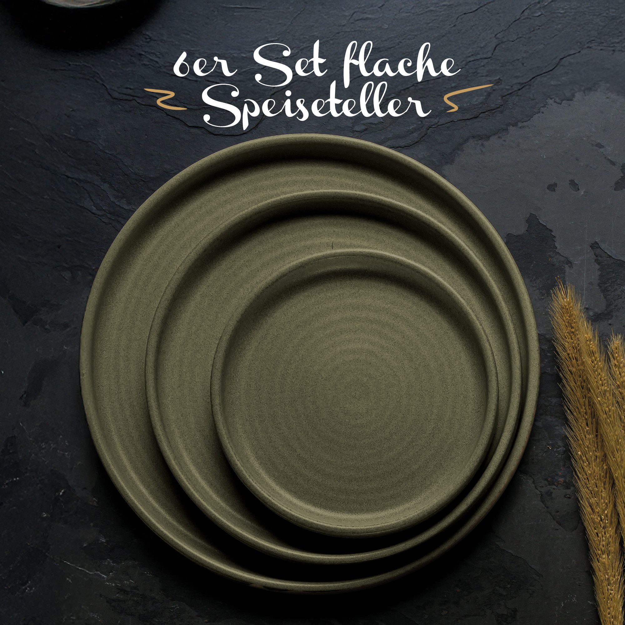 Bonna Teller-Set 6x Adelfa Ripple Flach 16 cm, Robustes Porzellan Grün (6-tlg), Porzellan, ochwertiges Porzellan in edlem Grün