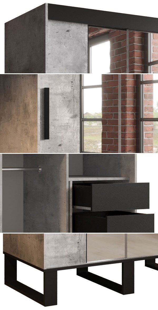 Loft schwarz Feldmann-Wohnen Schiebetürenschrank Breite mit Spiegel und / wählbar (Loft) beton Schubladen