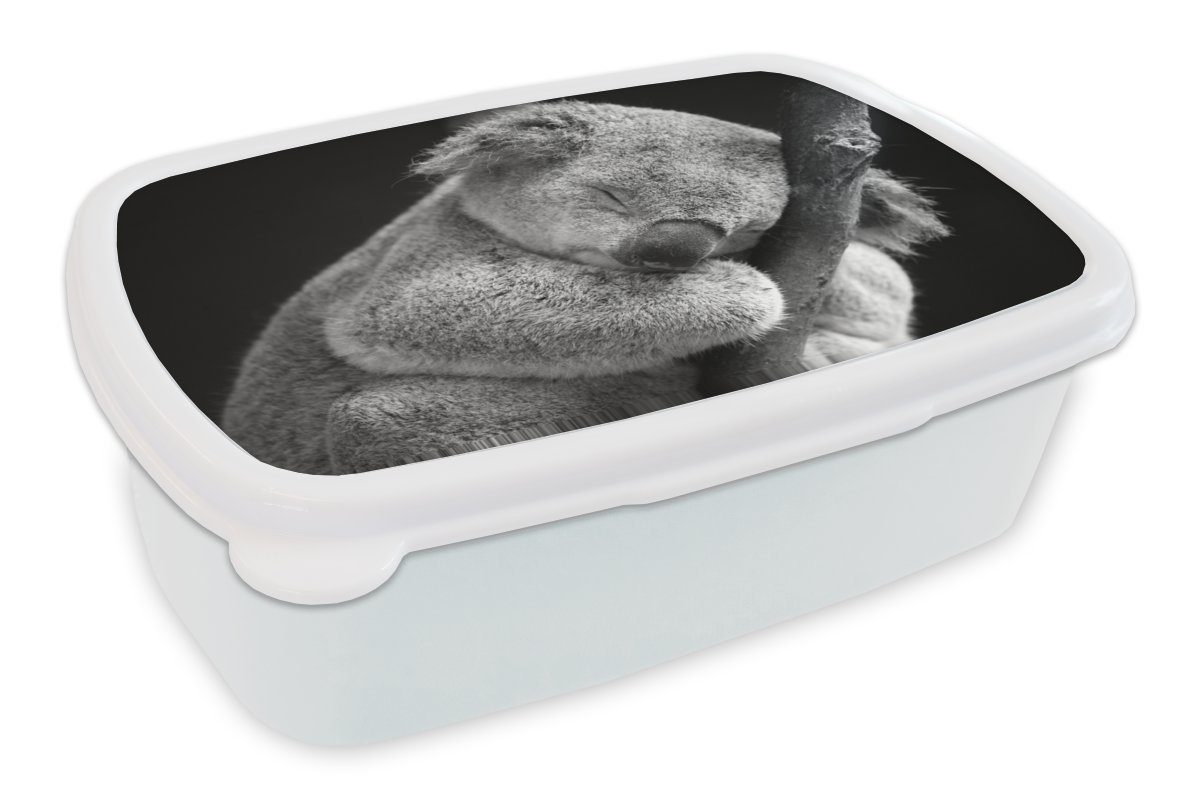MuchoWow Lunchbox Koala - Zweig - Schwarz - Kinder - Jungen - Mädchen, Kunststoff, (2-tlg), Brotbox für Kinder und Erwachsene, Brotdose, für Jungs und Mädchen weiß