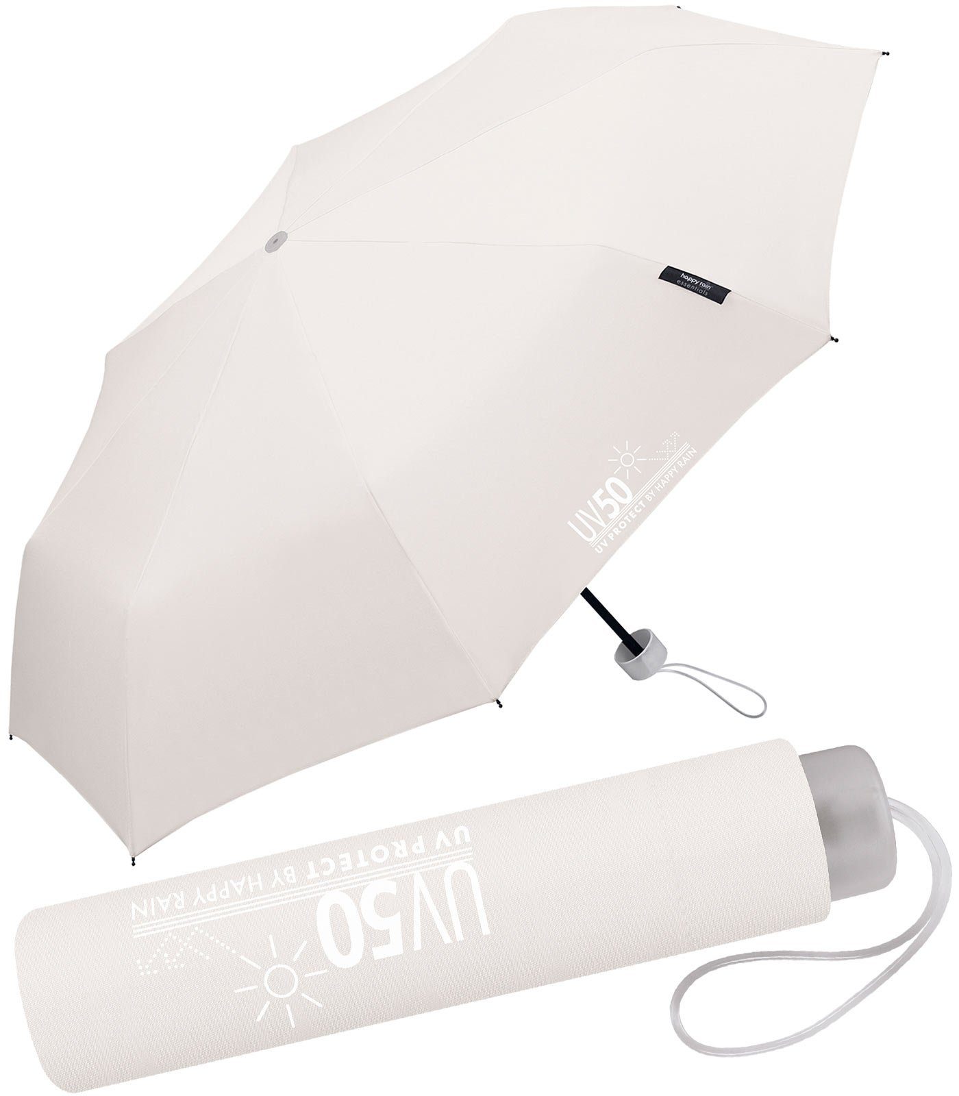HAPPY RAIN Taschenregenschirm UV-Protect UV50 Super-Mini-Schirm mit Sonnenschutz, schützt vor Sonne und Regen grau