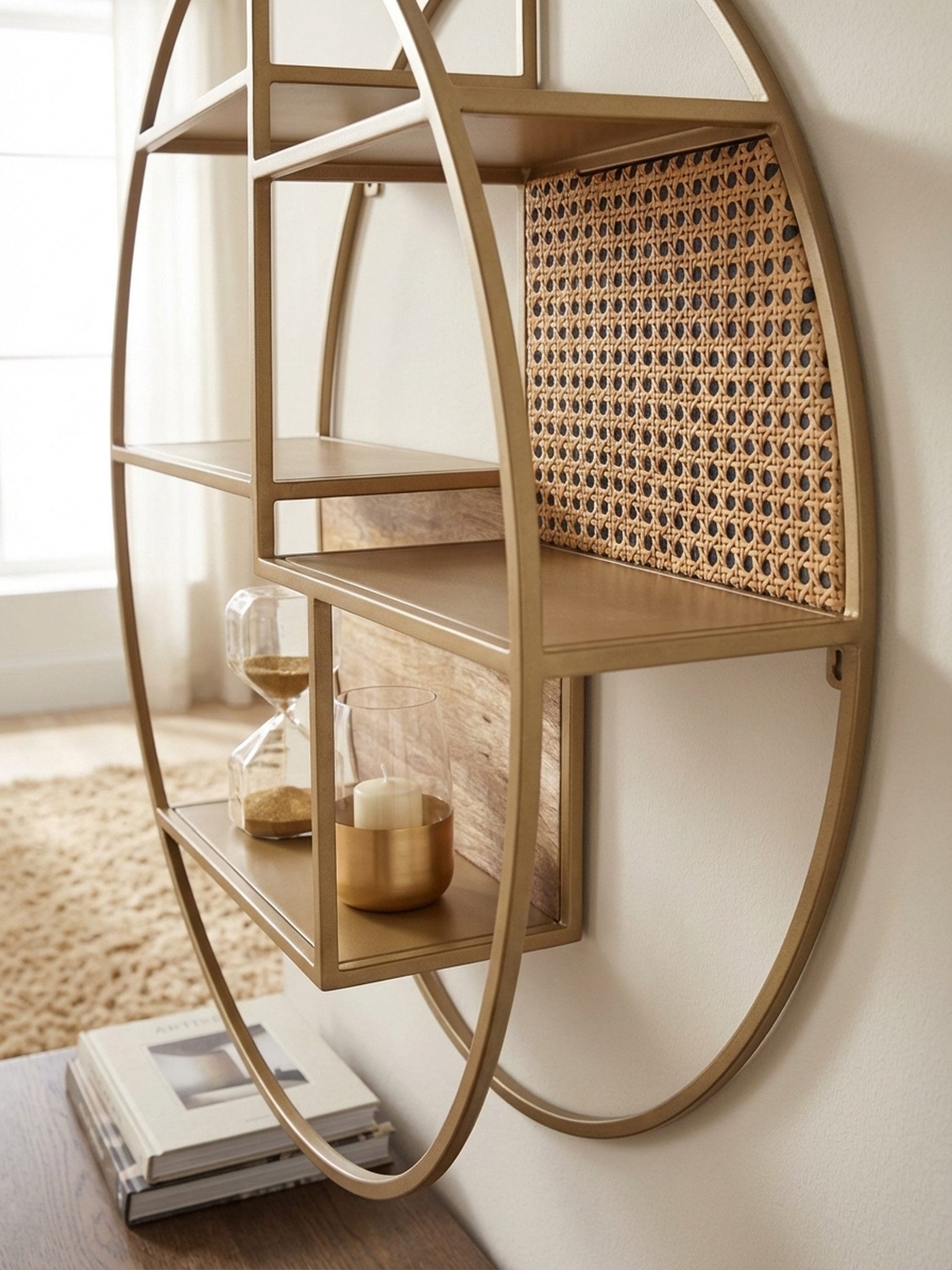 KADIMA DESIGN Wandregal Wandregal Rattan 62x62x17 cm Hängeregal Massivholz / Metall Industrial, Regal Hängend Offen Wohnzimmer, Schweberegal Wiener Geflecht Rund Wand