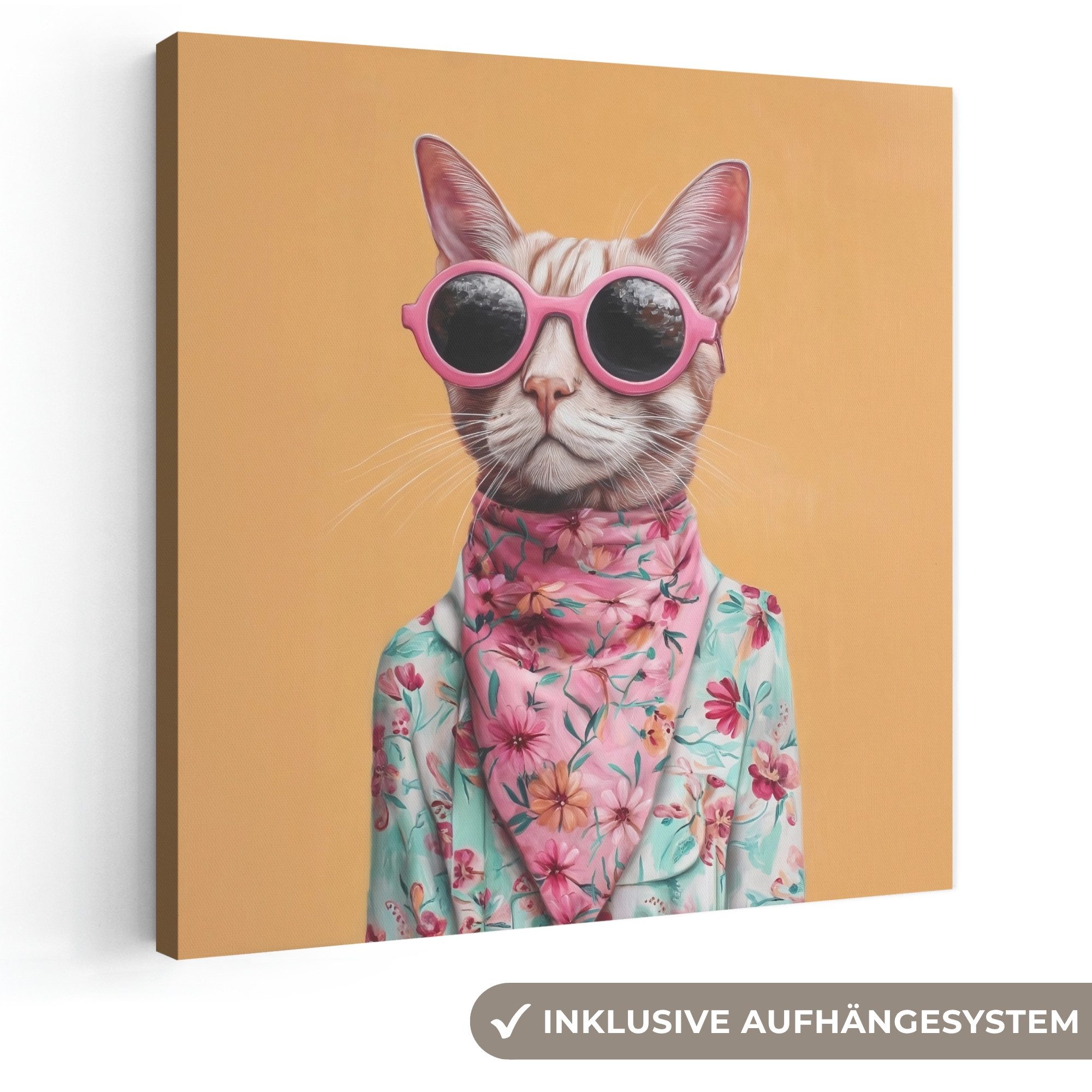 OneMillionCanvasses® Leinwandbild Sonnenbrille - Katze - Halstuch - Blumen, Fotodruck (1 St), Wandbild, Deko Schlafzimmer Wohnzimmer Flur 20x20 cm