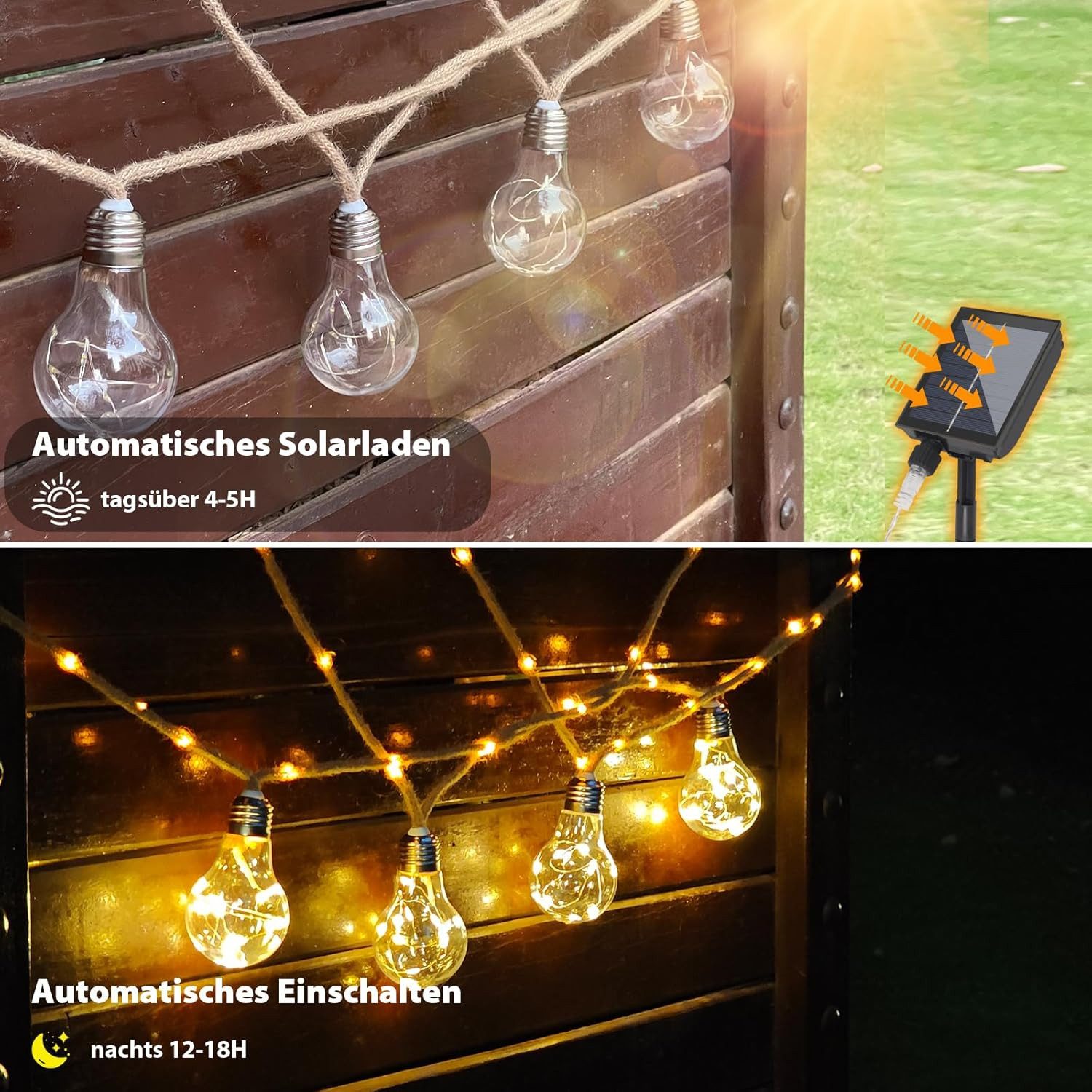 Salcar LED Solarleuchte Solar Lichterkette Warmweiß Hanfseil Glühbirnen Vintage Garten, LED, 5m Lichterkette + 3m Zuleitung, 10 Glühbirnen mit 149 LED – Bild 3 von 5