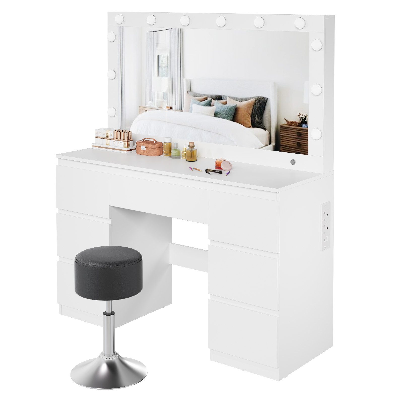 HOMALL Schminktisch mit großem Spiegel, 120 cm, 7 Schubladen, Schmuckschrank (XXL-Spiegel 106×51 cm (30×51 aufklappbar m. Schmuckschrank) · 120 cm · 7 Schubladen · LED-Birne · 2 Steckdosen+USB/Type-C · E1-MDF · 2 Farben · Hocker opt)