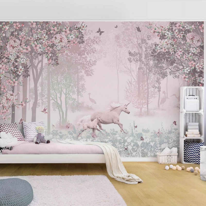 Bilderdepot24 Kindertapete Kinderzimmer Einhorn Blumenwiese Rosa Kinder Wanddeko Wald Bäume, Glatt, Matt, (Inklusive Gratis-Kleister oder selbstklebend), Mädchenzimmer Jungenzimmer Babyzimmer Bildtapete Fototapete Wandtapete