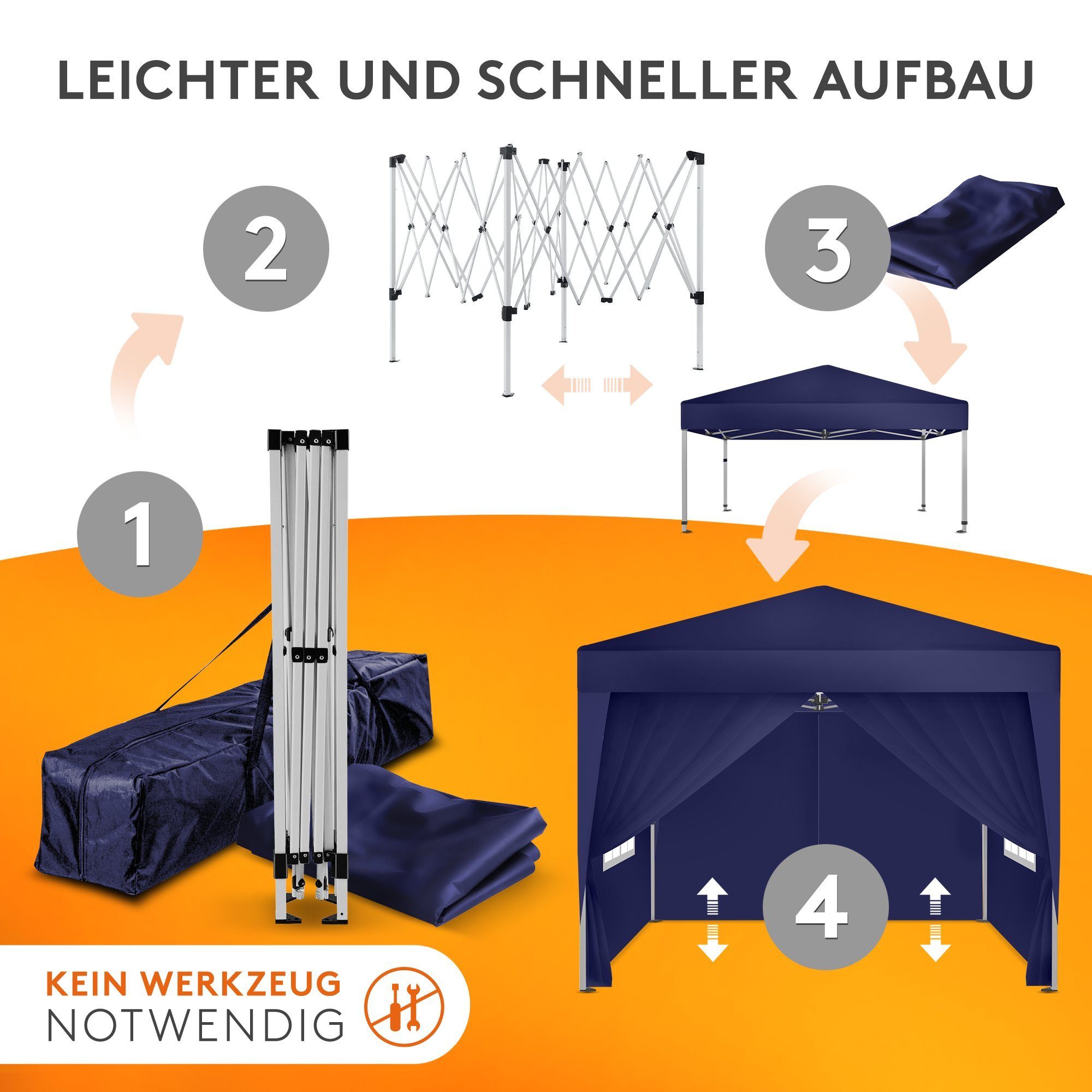 Kronenburg Partyzelt Faltpavillon 2x2 m wasserdicht - Partyzelt stabil, UV-Schutz 50+, mit 4 Seitenteilen, Wetterfester Schutz, Leichter Aufbau, Inklusive Trage – Bild 3 von 5