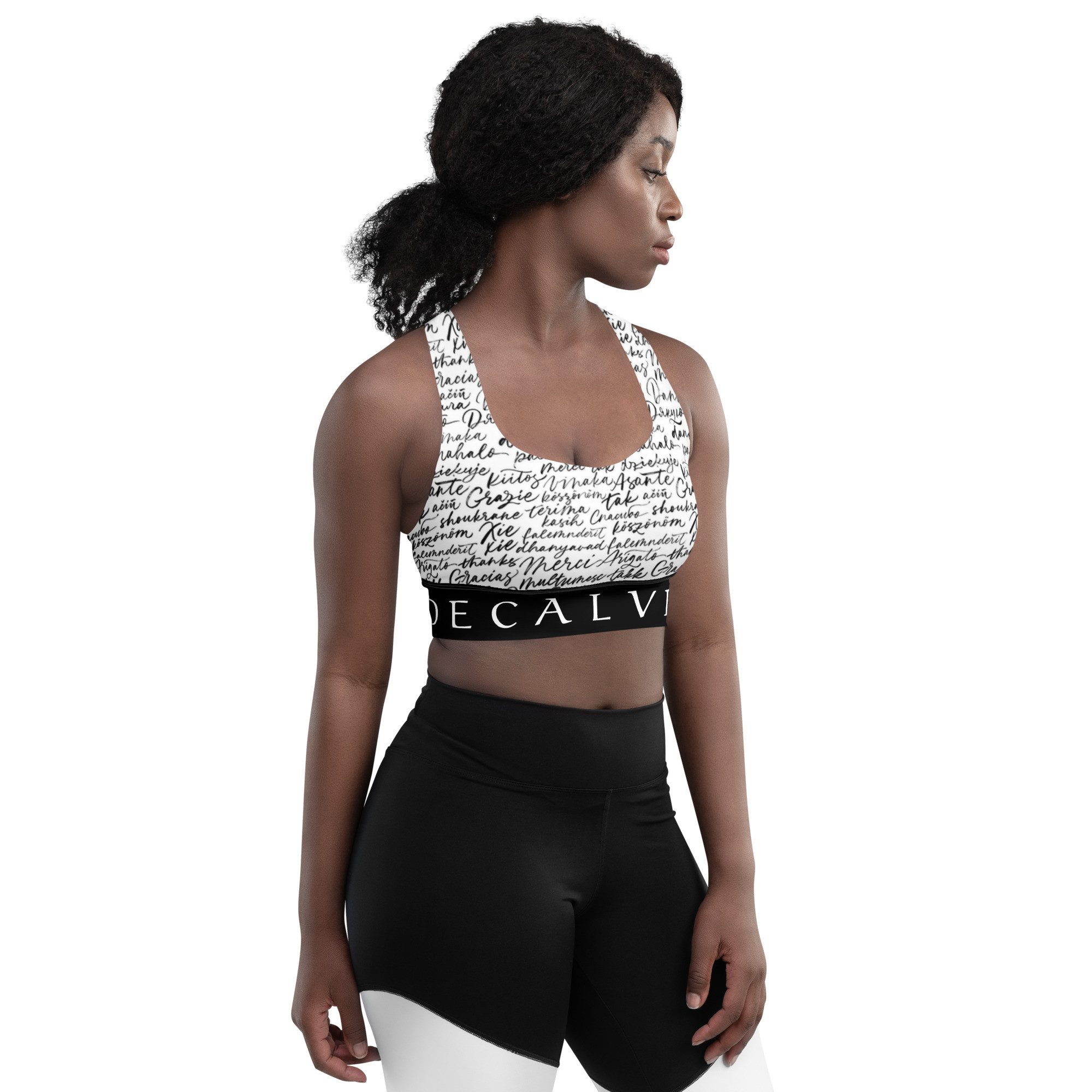 DECALVIBES Sport-BH Longline Sports Bra Multilingual Calligraphy Longline Design, starker Halt, herausnehmbare Pads, atmungsaktiv