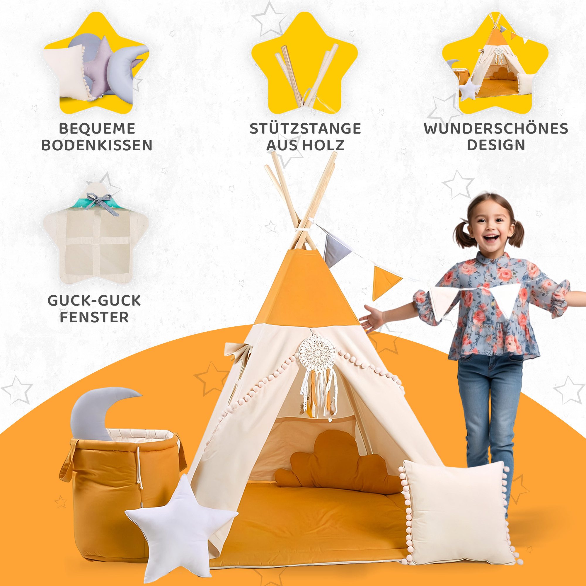Rainbow Kids Tipi-Zelt Kinderzelt Spielzelt Teepee mit Fenster, Personen: 2 (mit Zubehör, mit 4 Kissen, Matte, Spielzeugkorb und Wimpelkette), Made in Europe