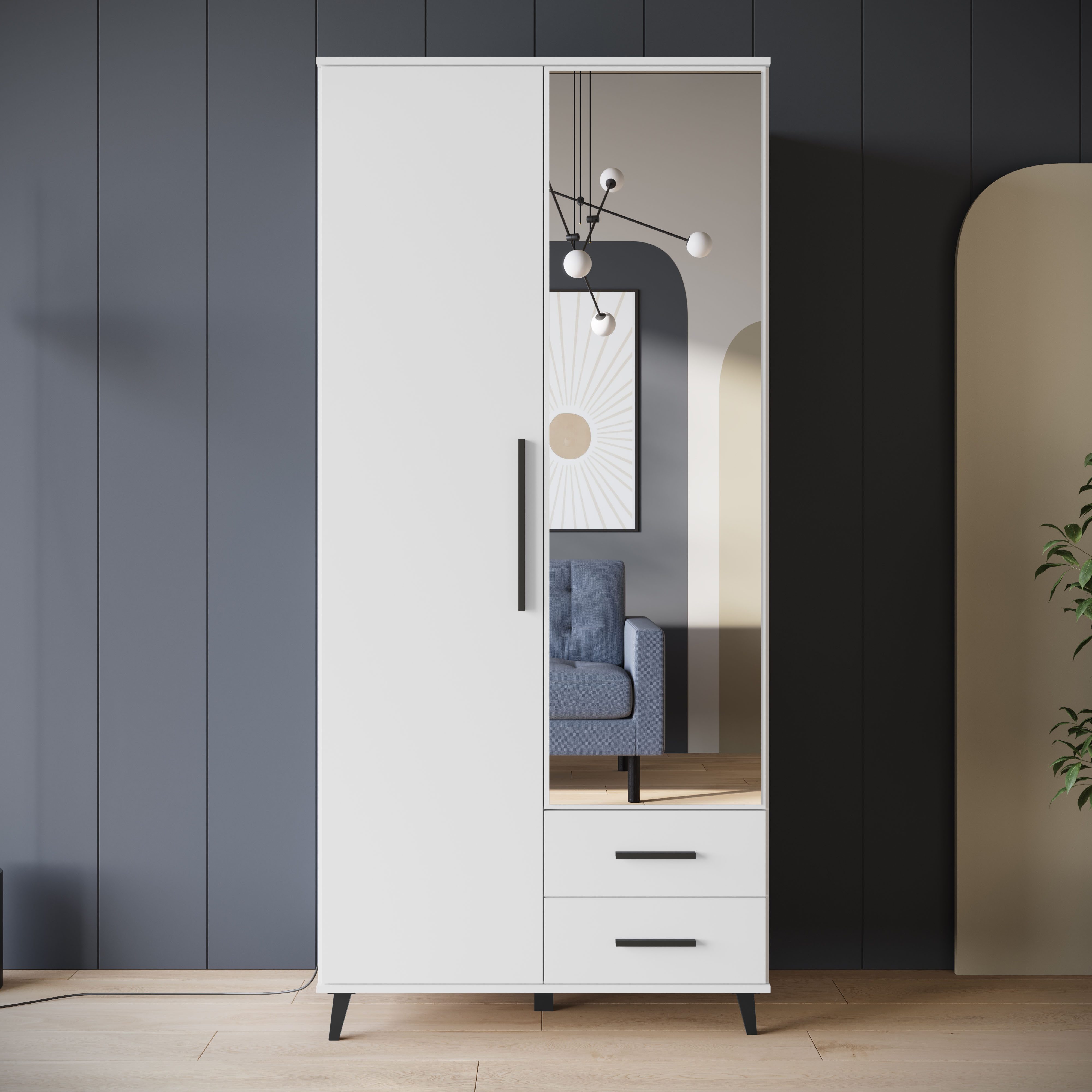 INOSIGN Kleiderschrank Lagos, Garderobe Schlafzimmerschrank Wäscheschrank Bestseller (in 2 Farben und 2 Breiten erhältlich) Moderner Drehtürenschrank mit Spiegeltür, Breite 90 cm, 2 Schubladen