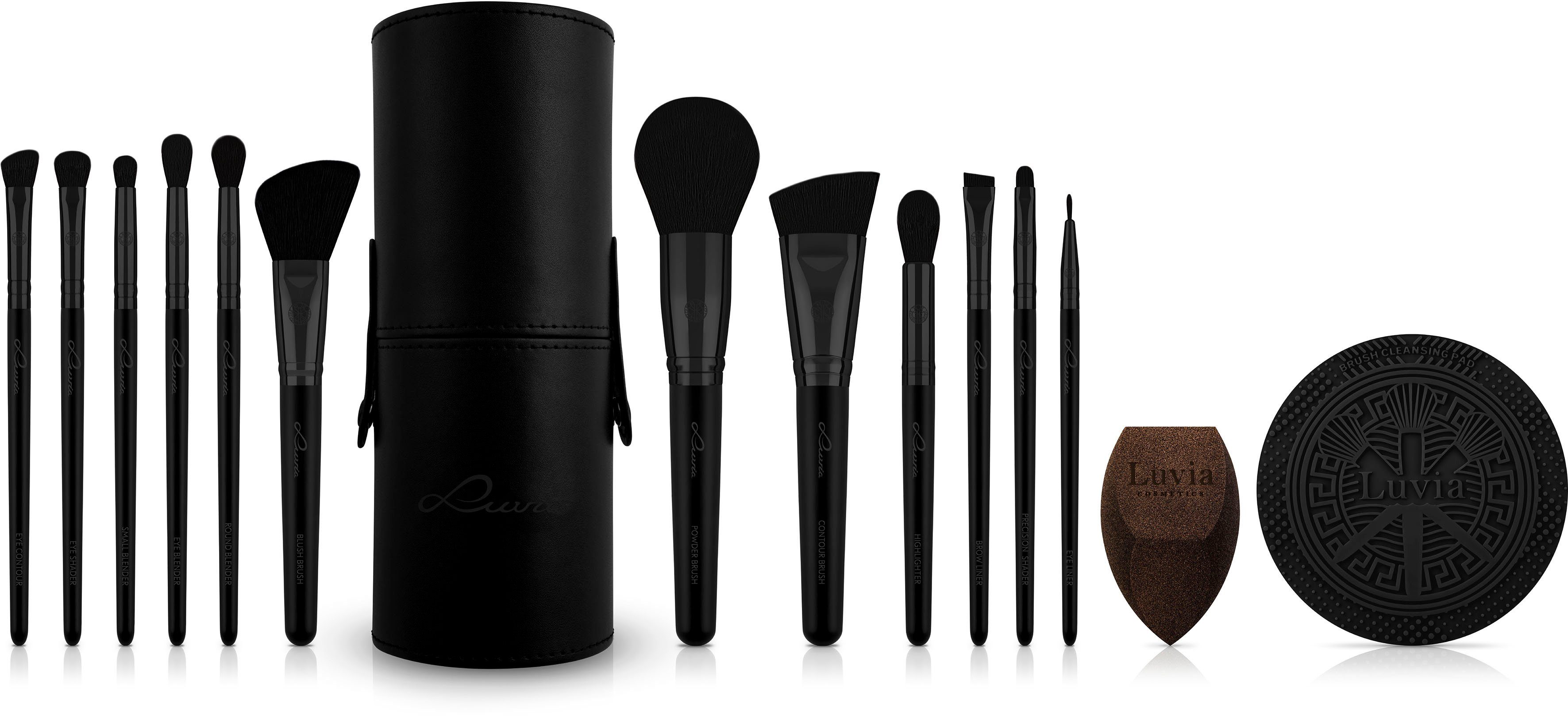 Luvia Cosmetics Kosmetikpinsel-Set PRIME VEGAN PRO - BLACK, 15 tlg., Mit 12 Pinseln aus Nurai-Haar, Schwamm und Reinigungsmatte, vegan.