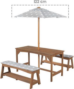 roba® Garten-Kindersitzgruppe Outdoor+, (Set, 3-tlg), Tisch und 2 Bänke mit Sitzauflage, Schirmset