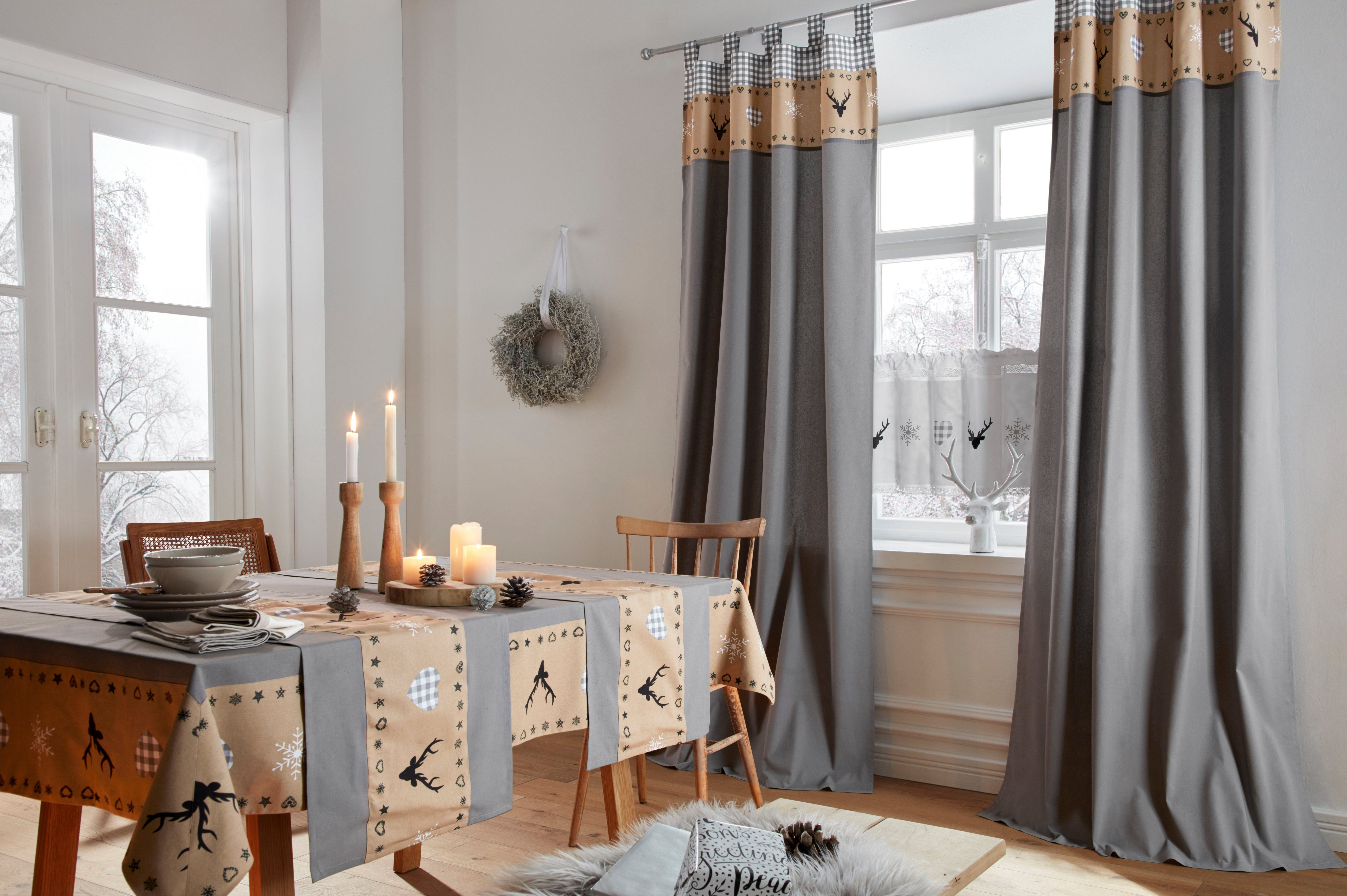 Scheibengardine Xaver, my home, Design (1 Halbtransparent, Voile, St), Baumwolle, Bedruckt, Stangendurchzug halbtransparent, weihnachtliches