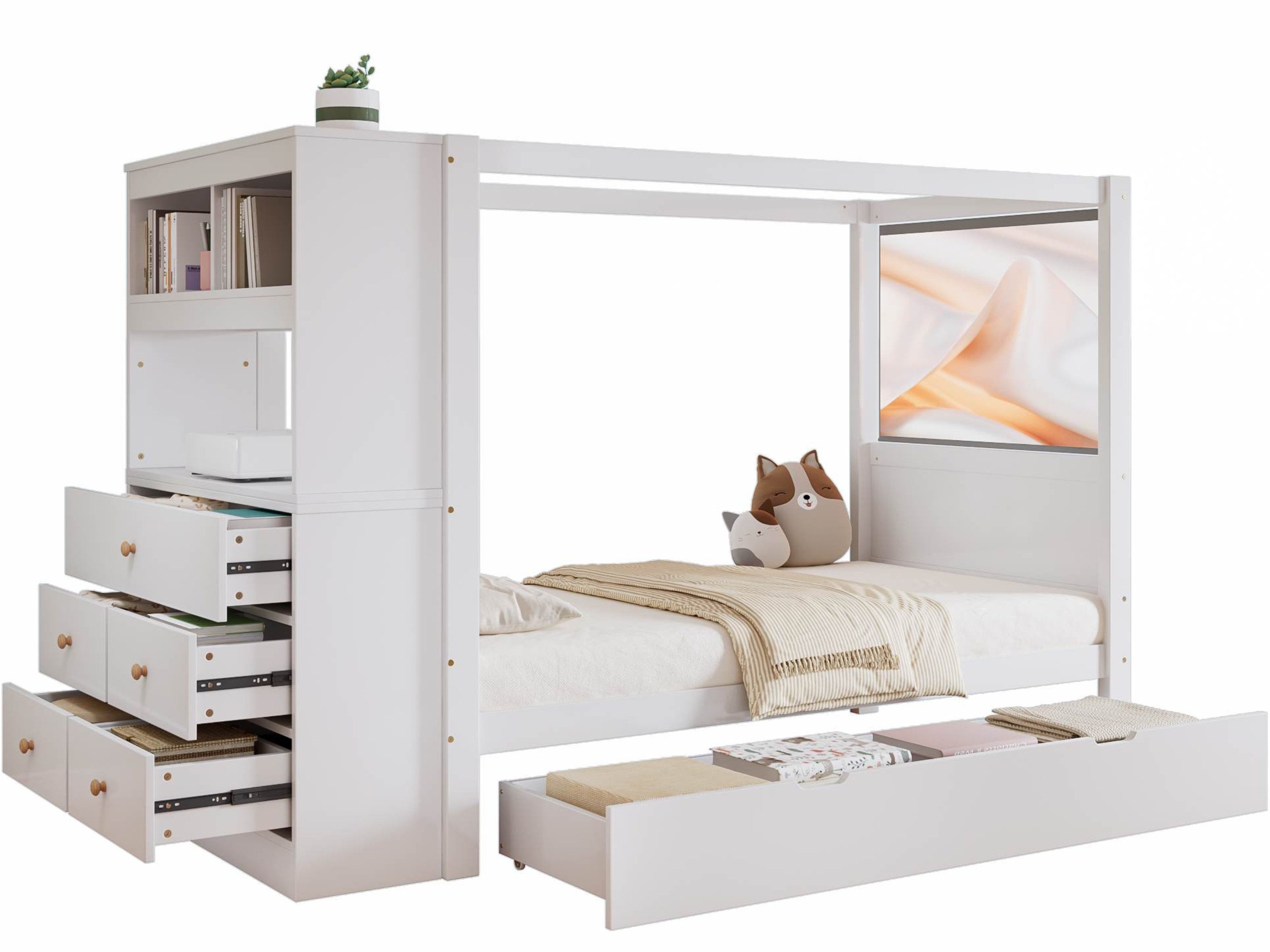 SeedWave Holzbett Mehrzweck Tagesbett Himmelbett mit Bettkästen, Bücherregal, 90×200cm, Kinderbett mit Aufbewahrungsschrank inkl. 5 Schubladen, offene Fächer