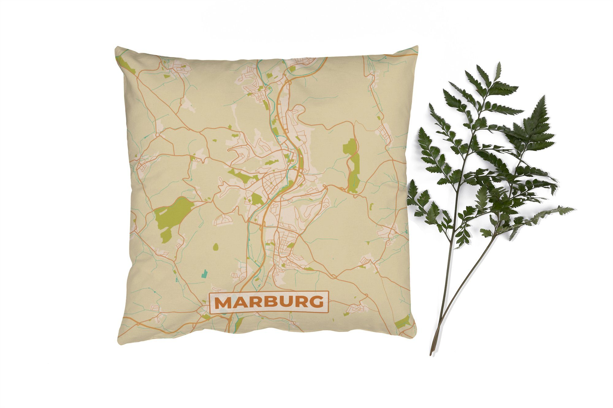 MuchoWow Dekokissen Marburg - Jahrgang - Karte - Stadtplan, Zierkissen mit Füllung für Wohzimmer, Schlafzimmer, Deko, Sofakissen