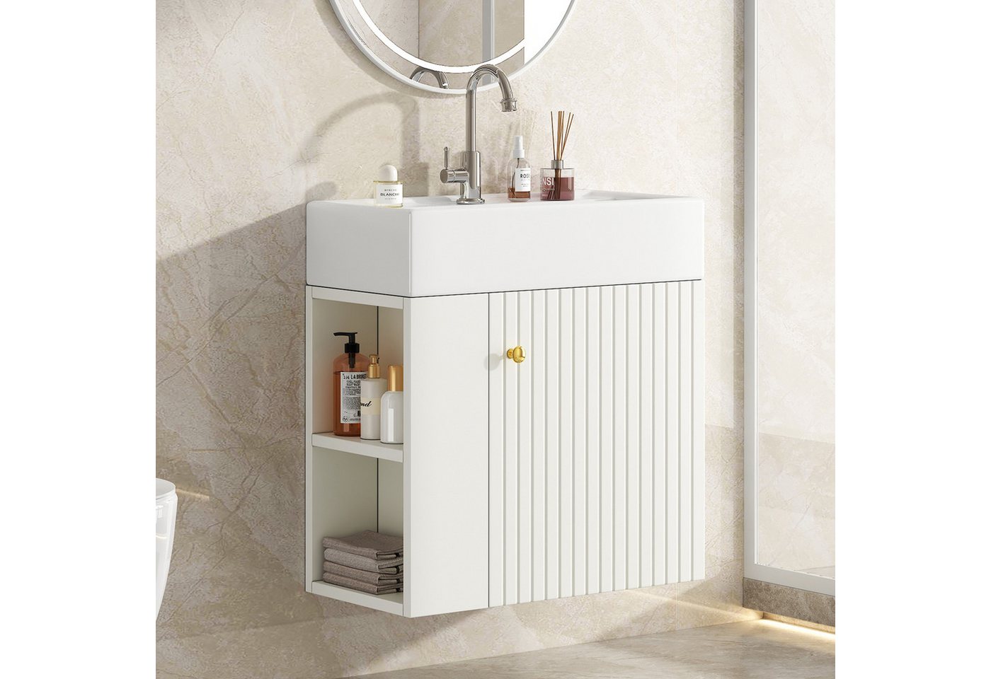 Thumbnail - HAUSS SPOLE Waschtisch Waschbecken Badschrank-hängend mit Keramikwaschbecken, Ablage,weiß (Waschtischunterschrank Badezi...