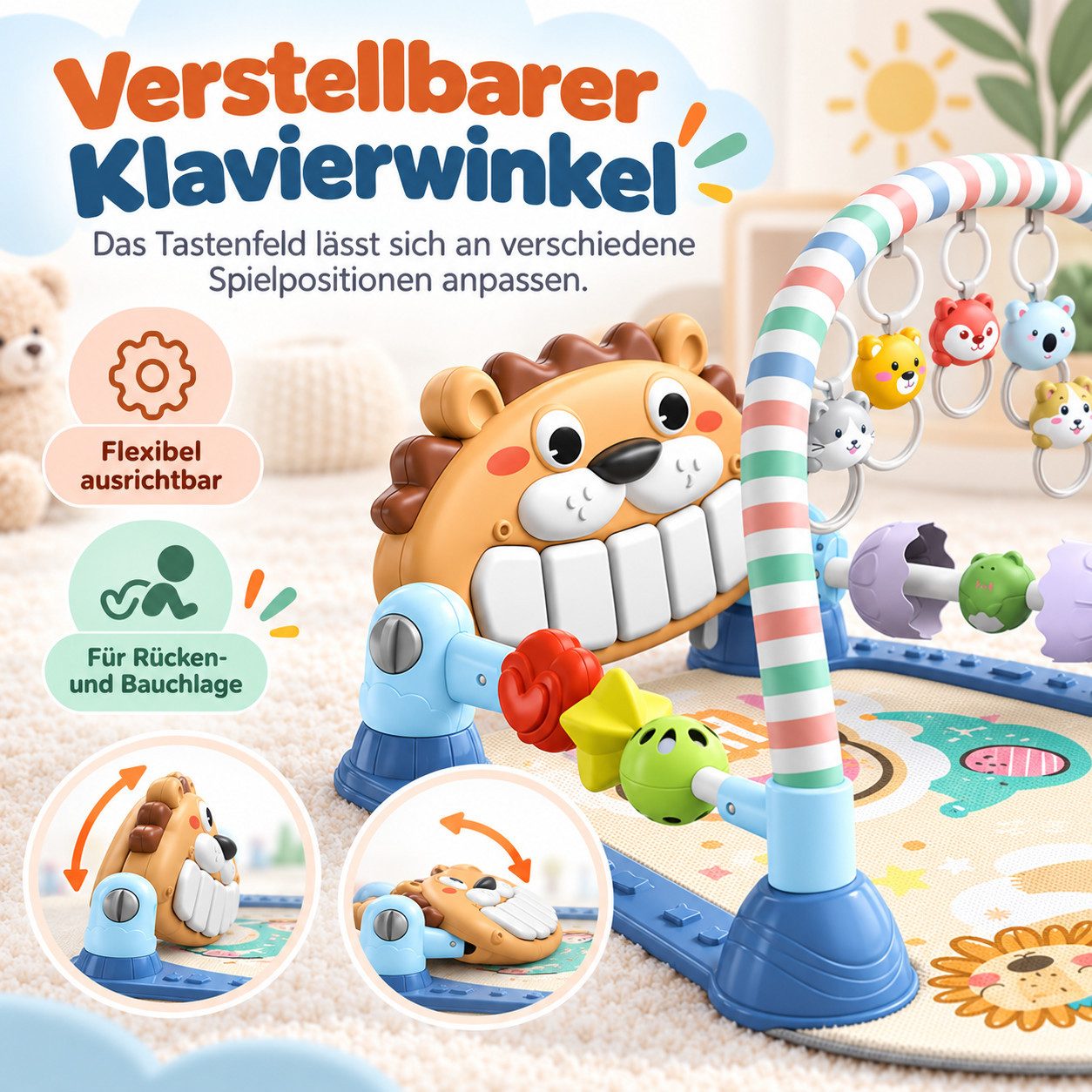 Fyrove Spielmatte Baby Spielmatte mit Spielbogen, Tretklavier, Musik und Licht (Schutzbügel, Rasseln und Greifringen, verstellbares Klavier, Aktivitätscenter fü – Bild 2 von 5